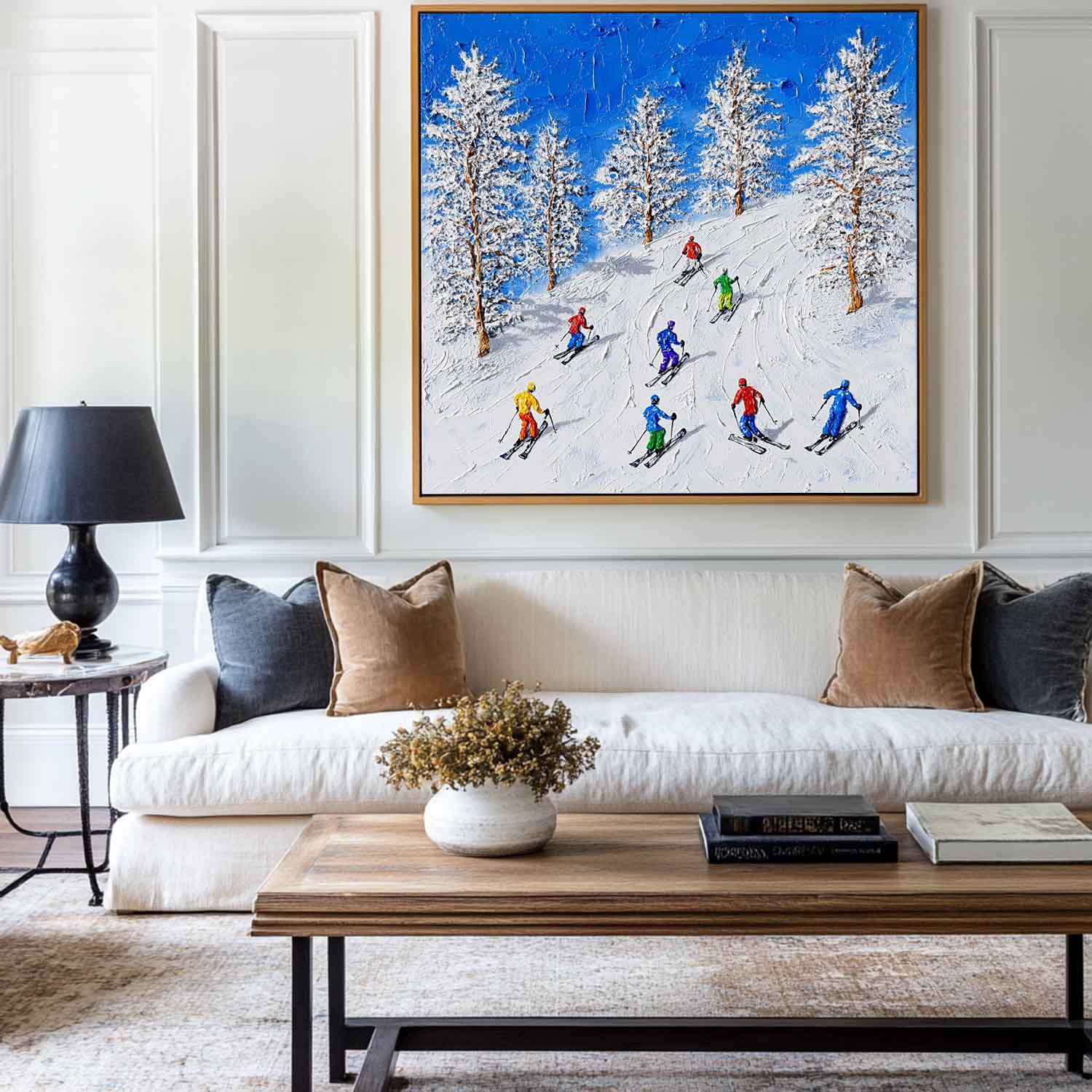 Colorful Skiing Mountain Scene Canvas Wall Art