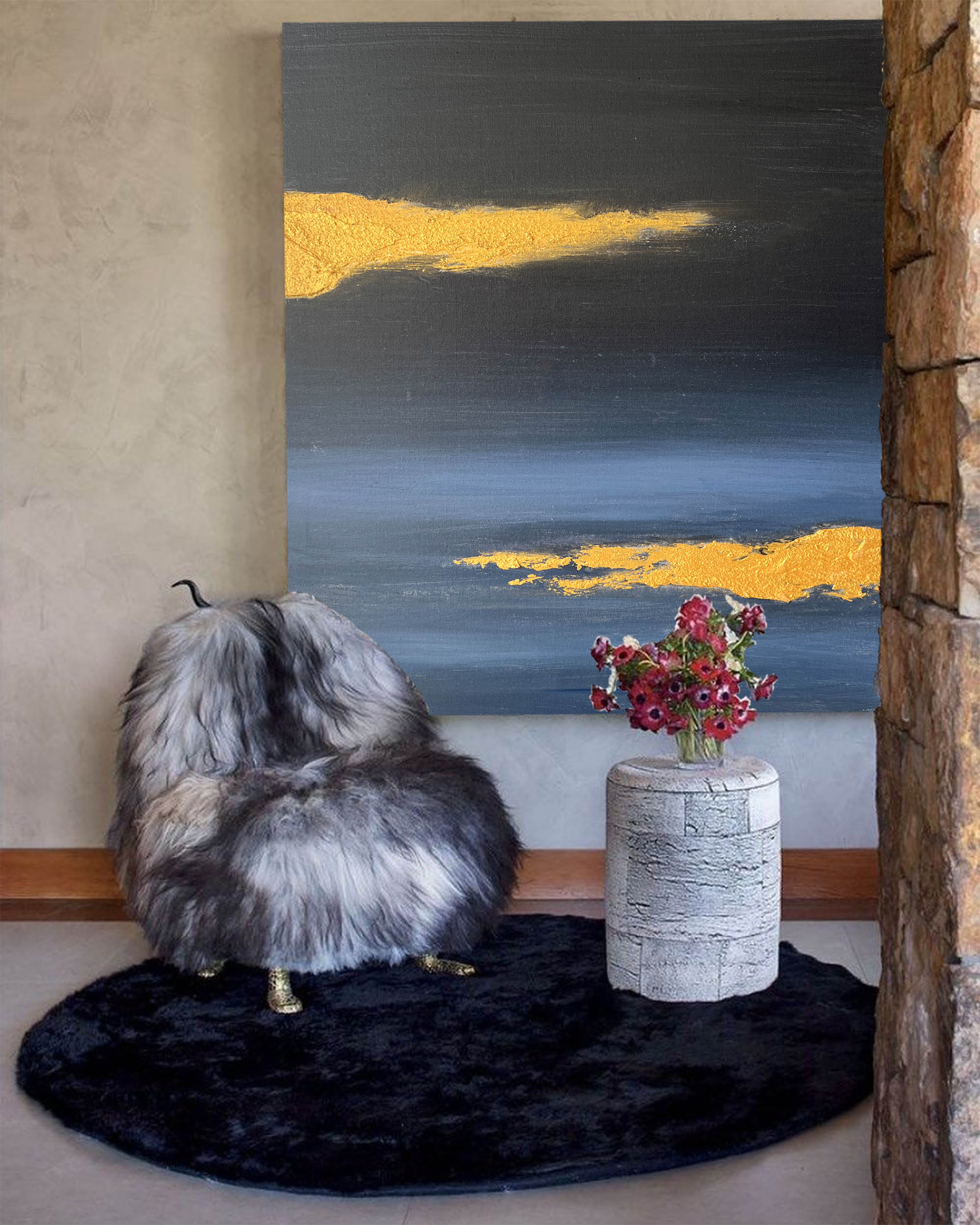 Gold Foil Night Ocean Abstract Textured Linen Canvas Wall Art