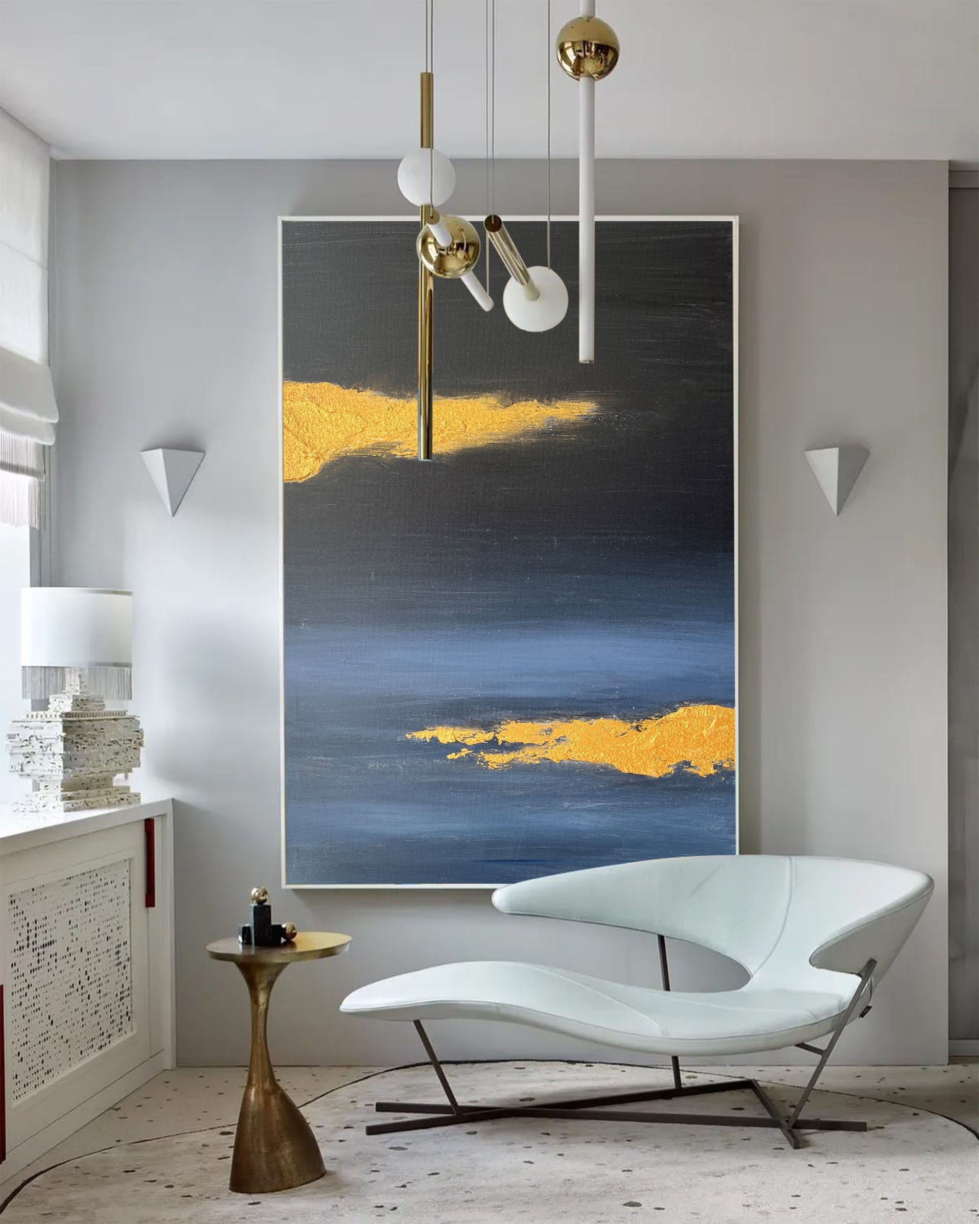 Gold Foil Night Ocean Abstract Textured Linen Canvas Wall Art