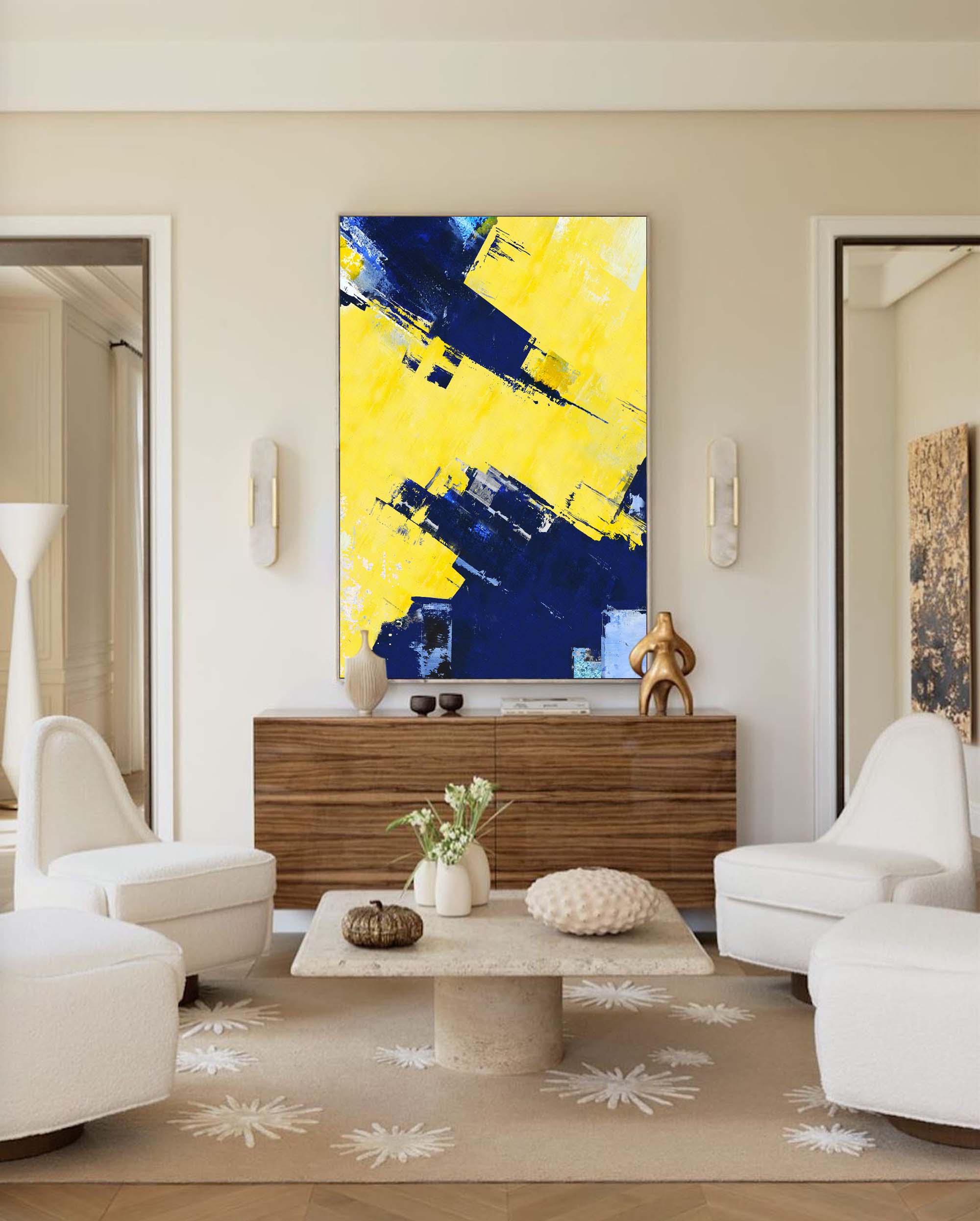 Yellow Navy Blue Abstract Wall Art