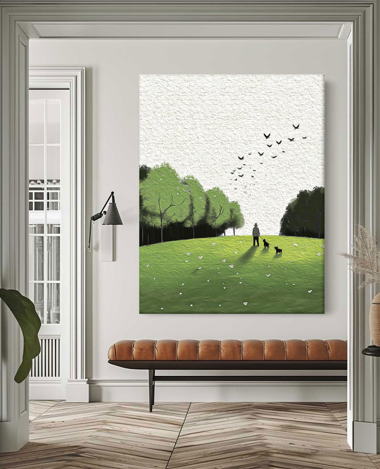 Serene Walk In The Park Textured Art Man Dogs