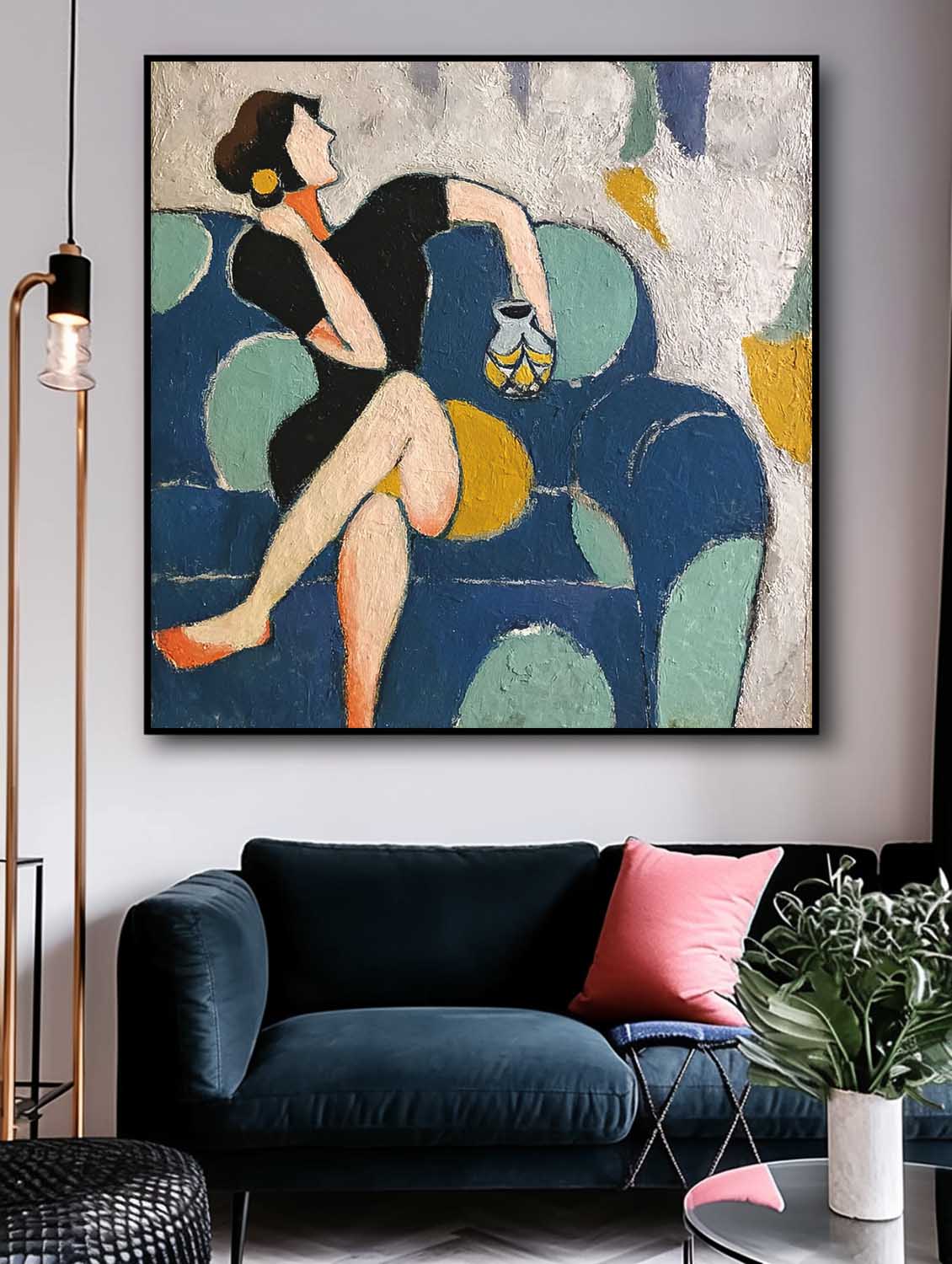 Wall Art Seated Figure Teal Sofa Abstract