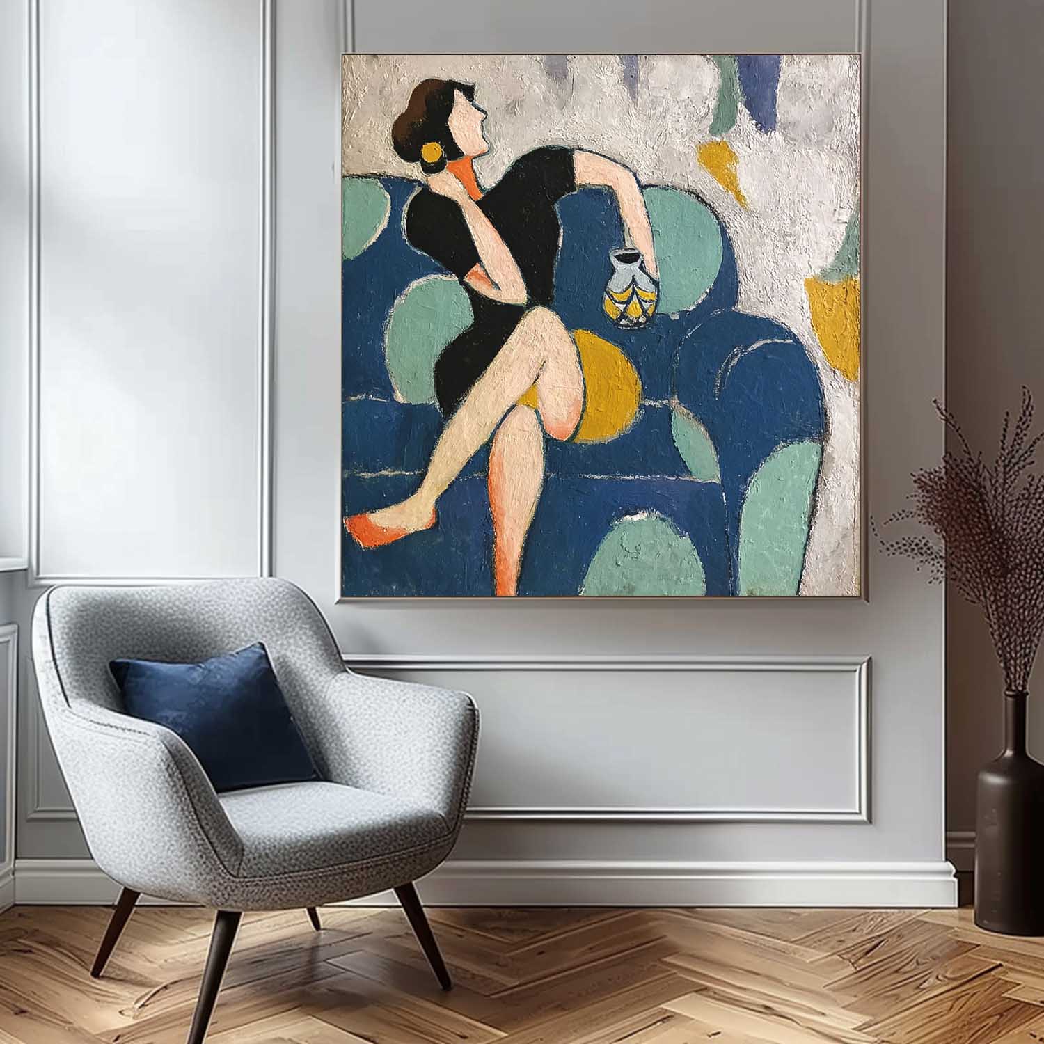 Wall Art Seated Figure Teal Sofa Abstract