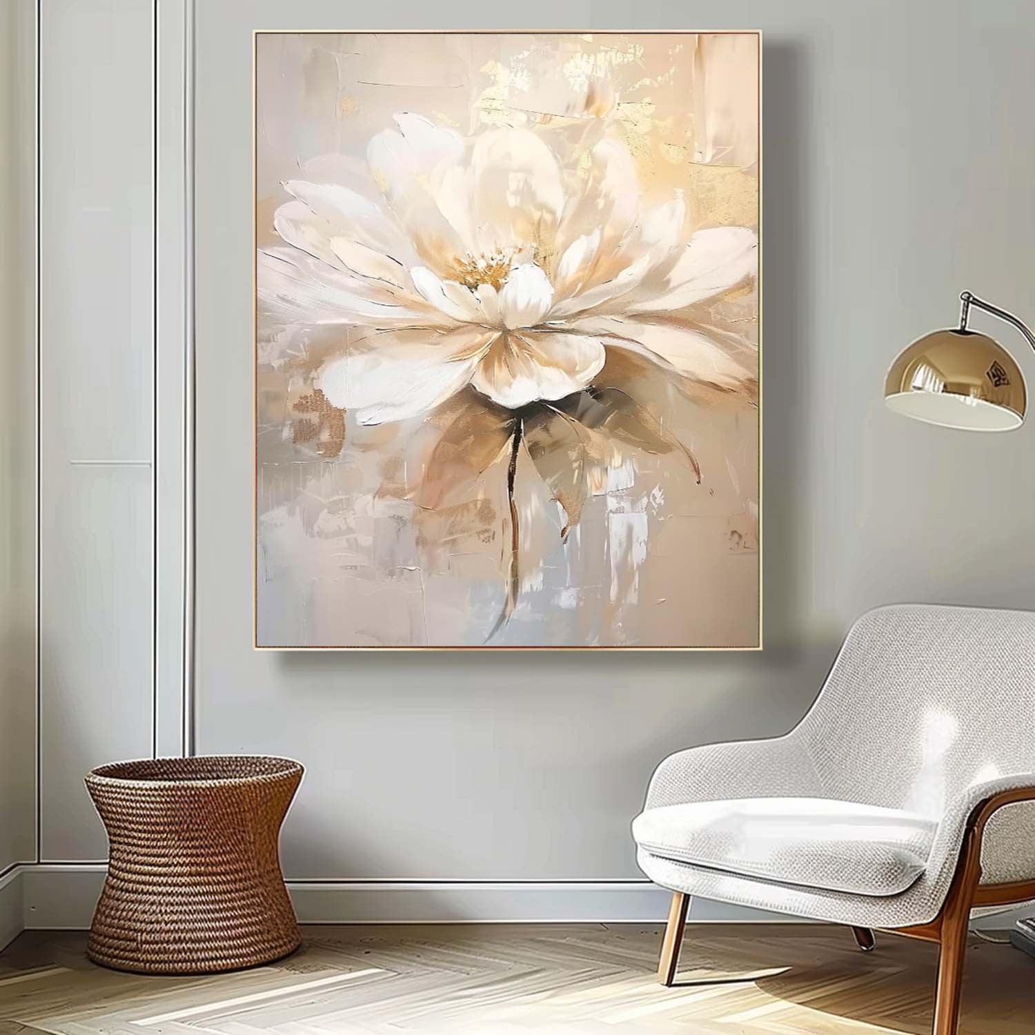 Elegant Neutral Floral Oil Painting Gold Accent