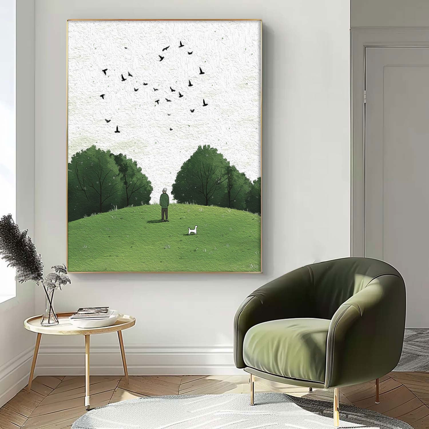 Tranquil Hilltop Moment Textured Art Print Man With Dog