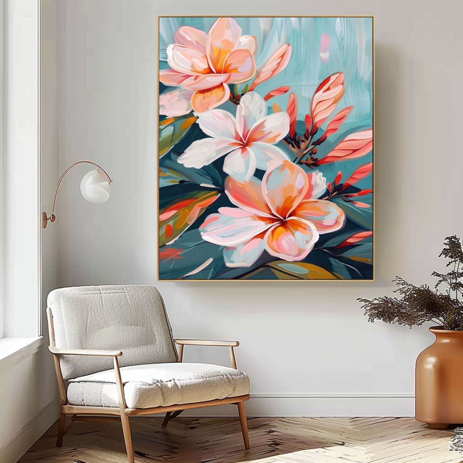 Tropical Plumeria Floral Oil Painting Soft Teal