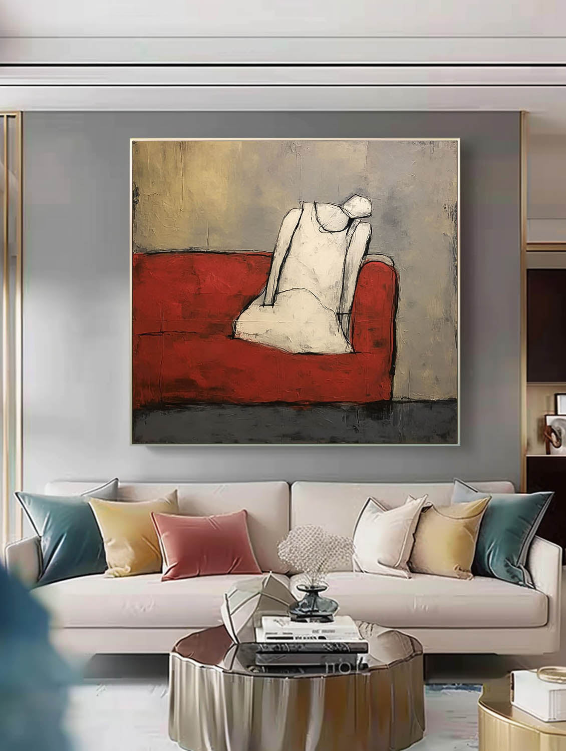 Seated Figure Oil Painting Red Sofa