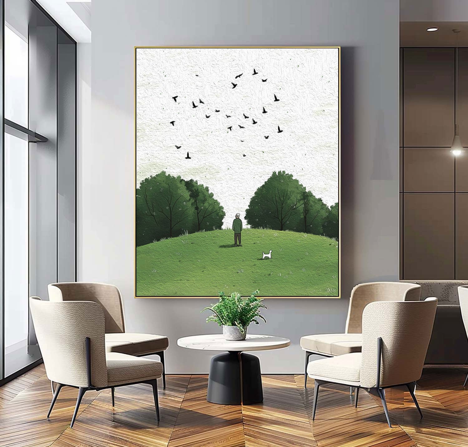 Tranquil Hilltop Moment Textured Art Print Man With Dog