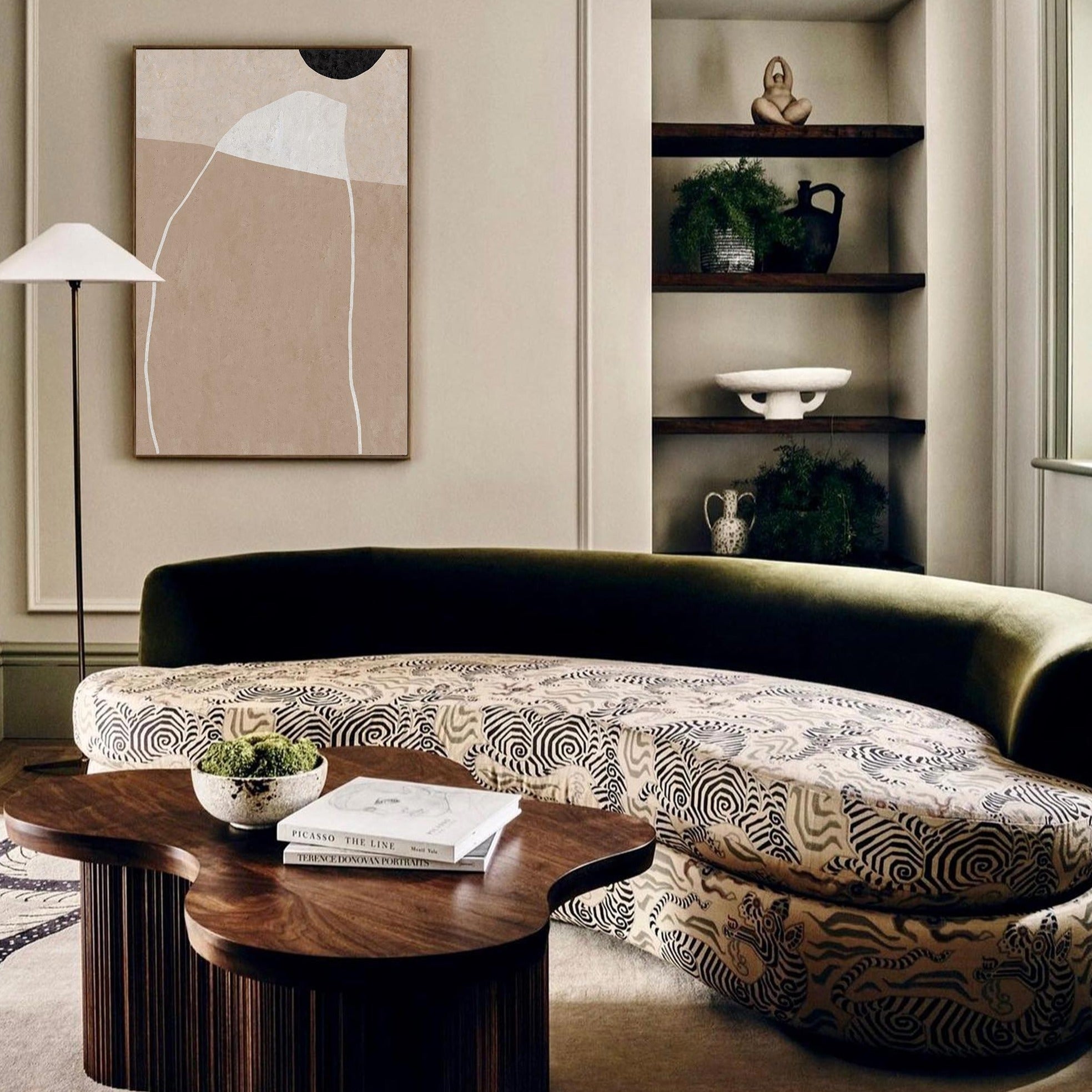 Taupe‑Beige Vertical Abstract‑Shape Line‑Textured Artwork