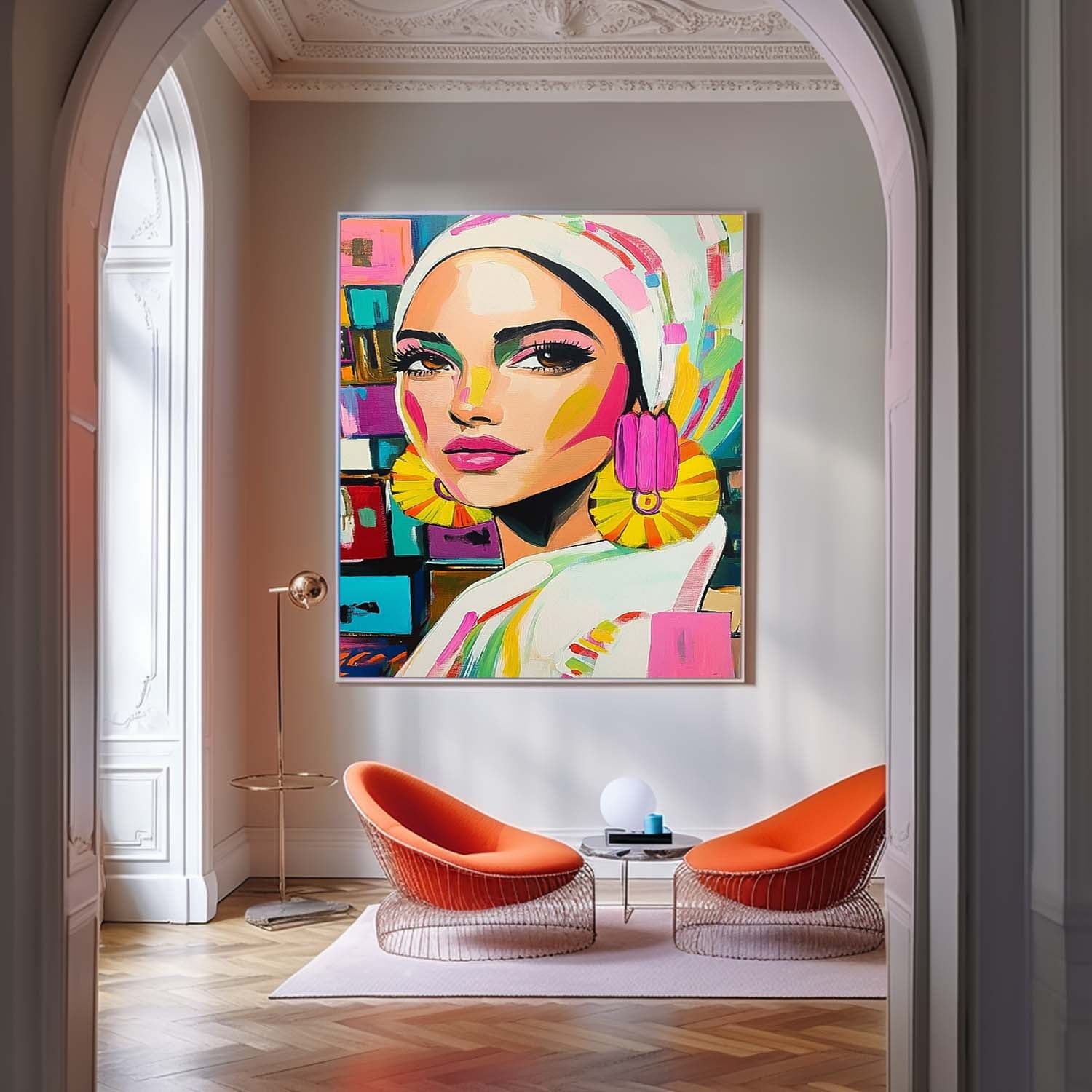 Vibrant Modern Woman Portrait Headwrap Oil Painting