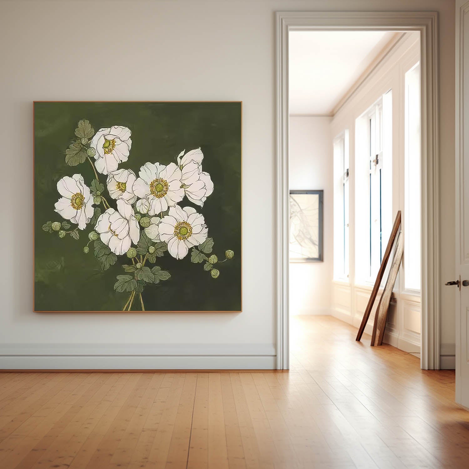 Moody Dark Green White Floral Wall Art