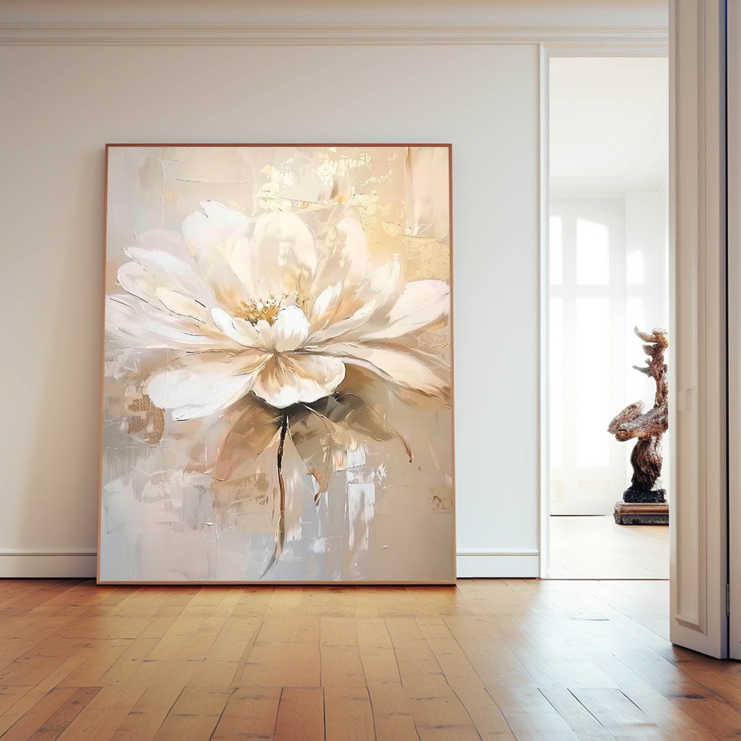 Elegant Neutral Floral Oil Painting Gold Accent