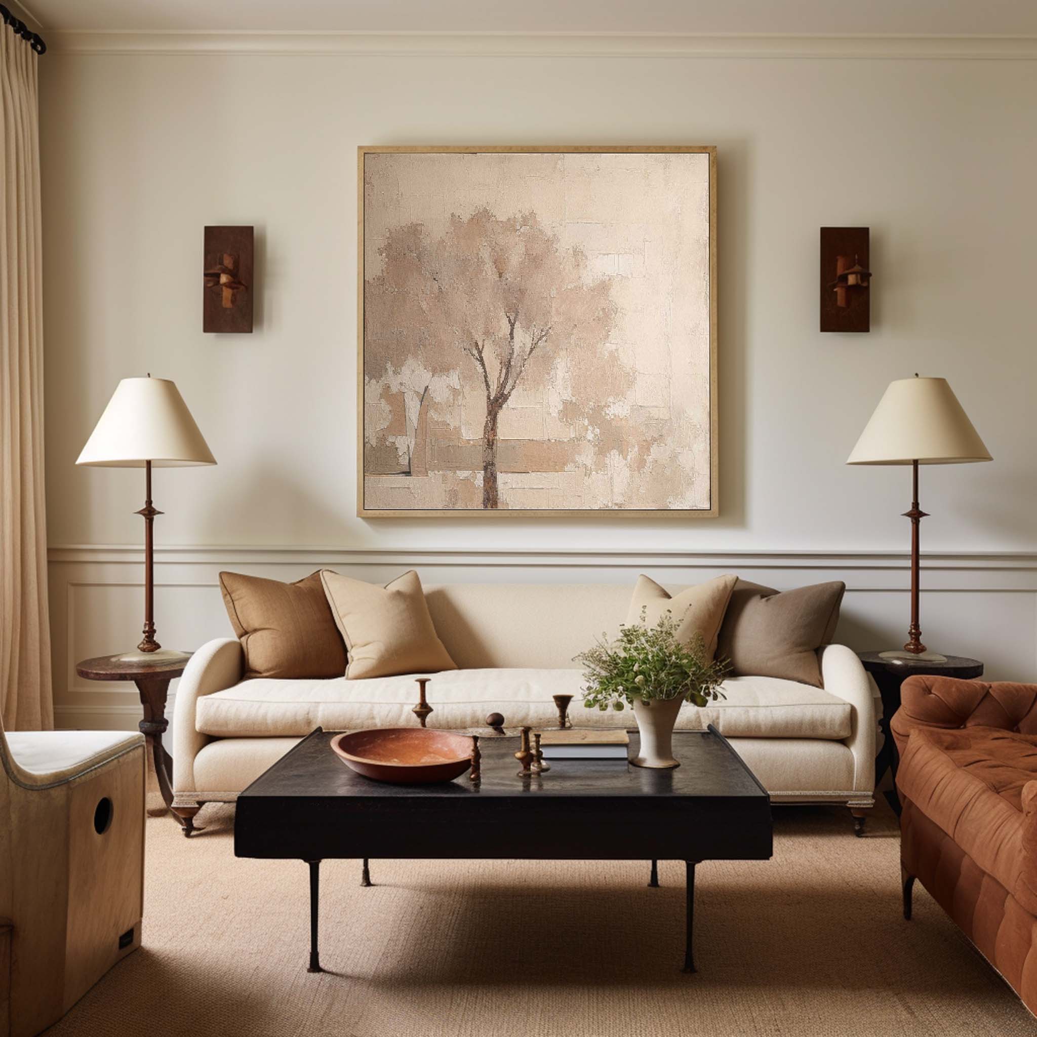 Neutral Beige Tree Abstract Canvas Wall Art