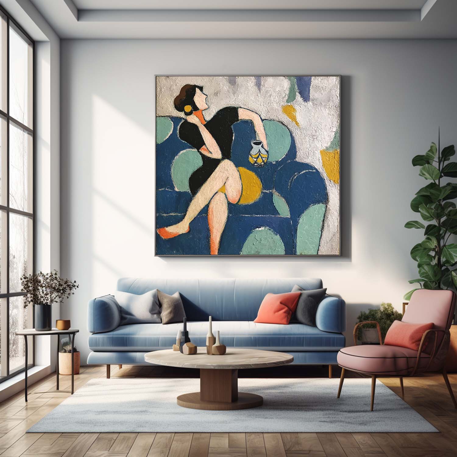 Wall Art Seated Figure Teal Sofa Abstract