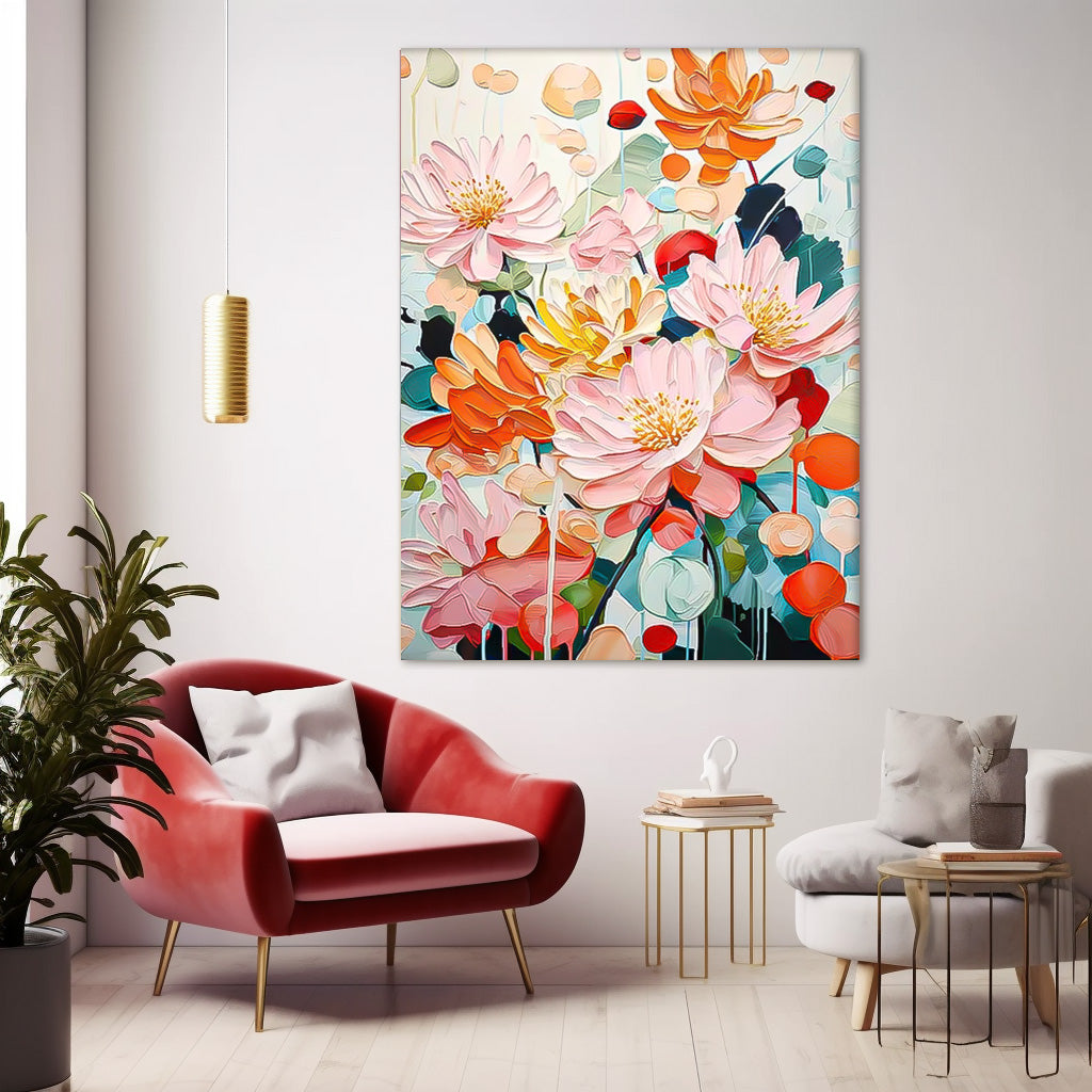 Vibrant Pink Orange Lotus Floral Impasto Canvas Wall Art