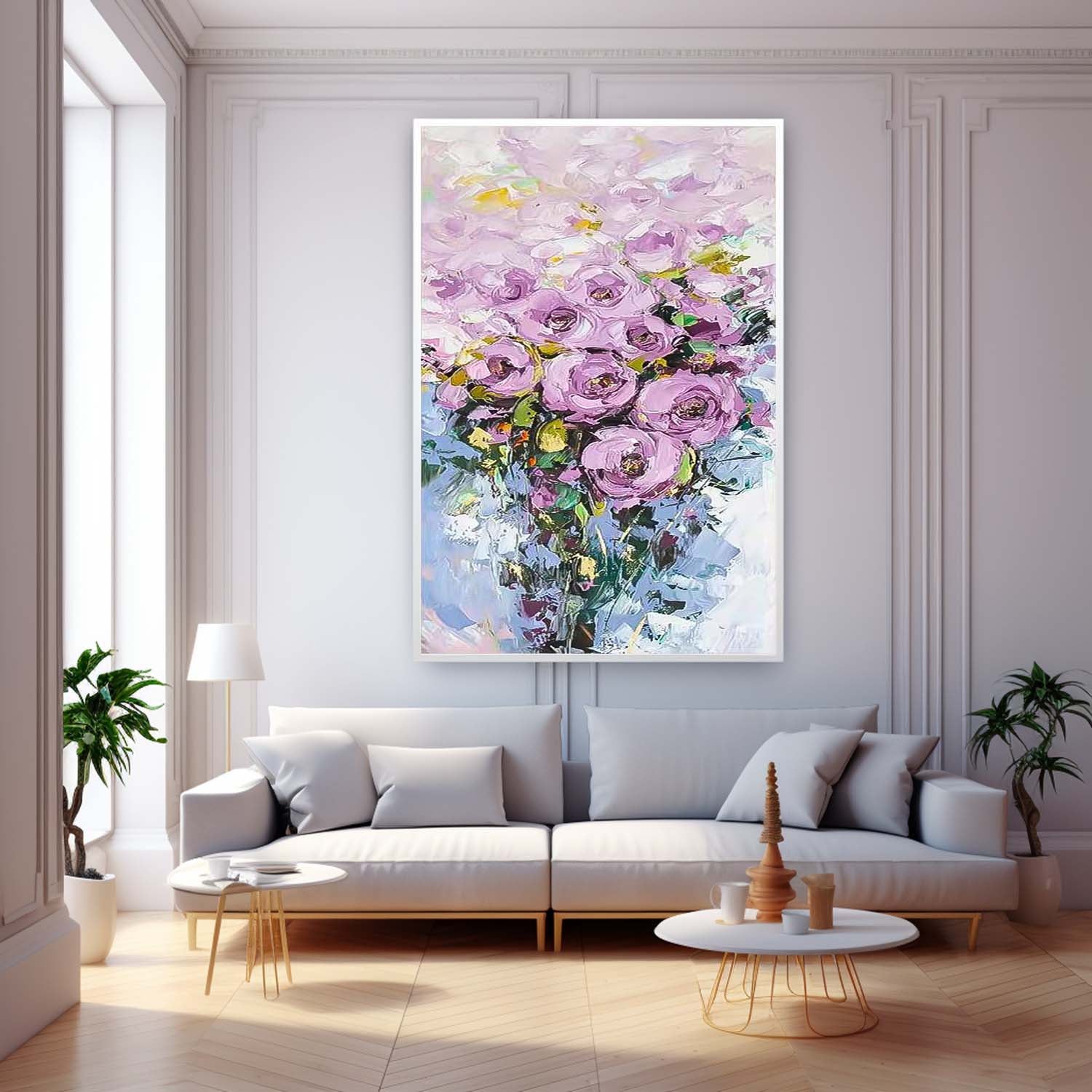 Purple Lavender Rose Bouquet Impasto Canvas Wall Art