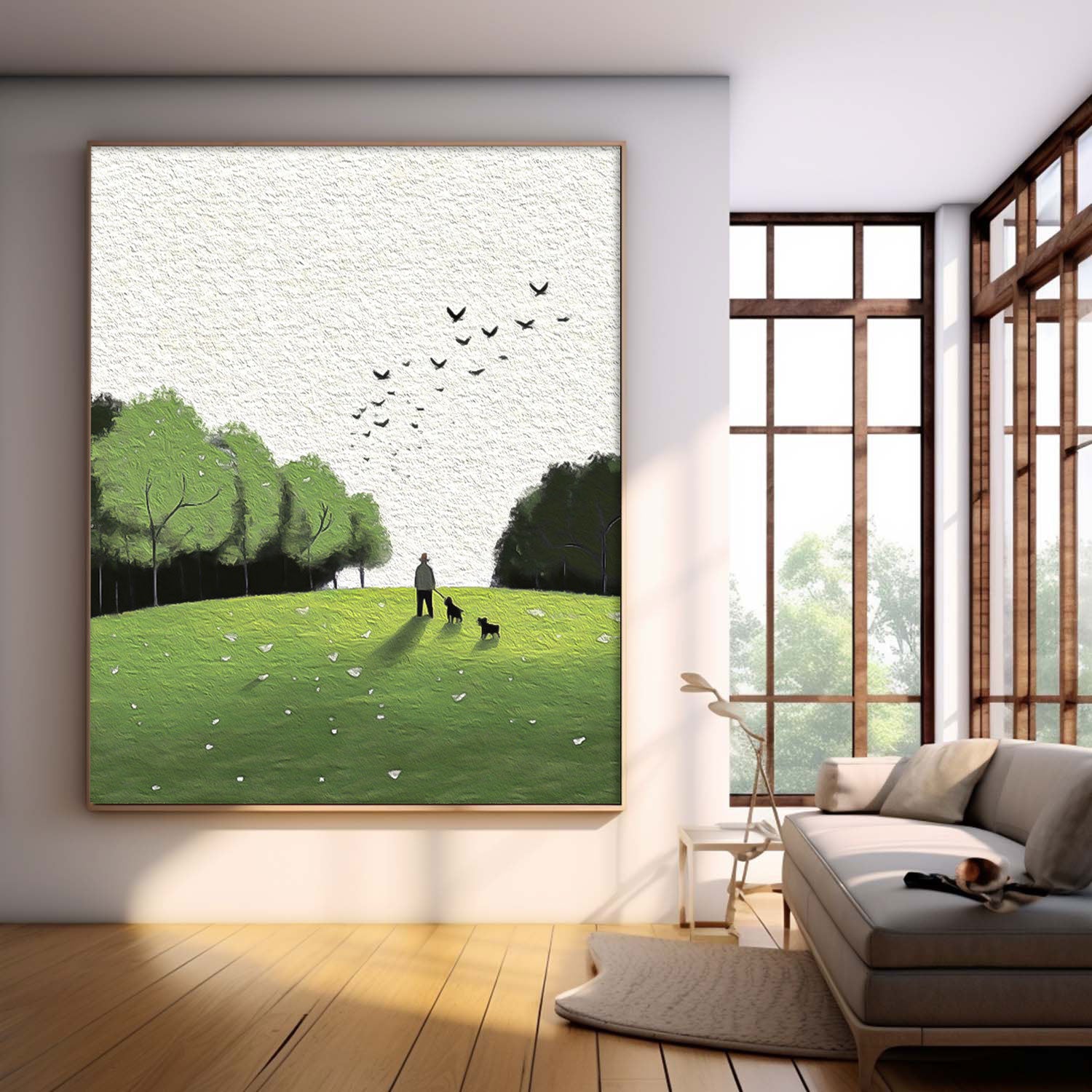 Serene Walk In The Park Textured Art Man Dogs