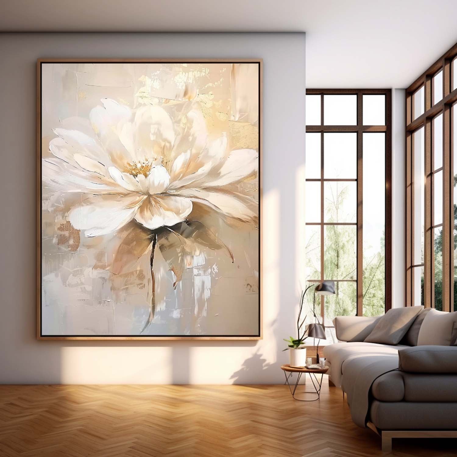Elegant Neutral Floral Oil Painting Gold Accent