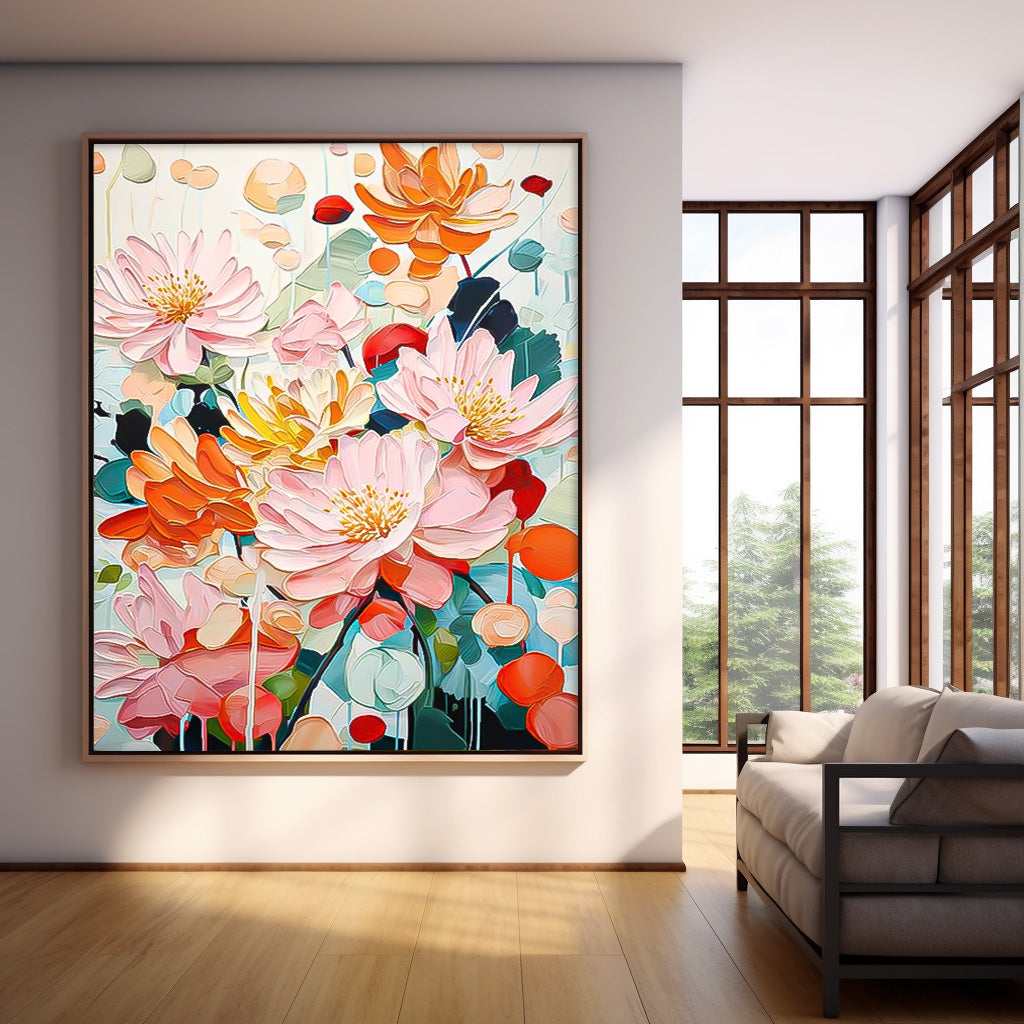 Vibrant Pink Orange Lotus Floral Impasto Canvas Wall Art