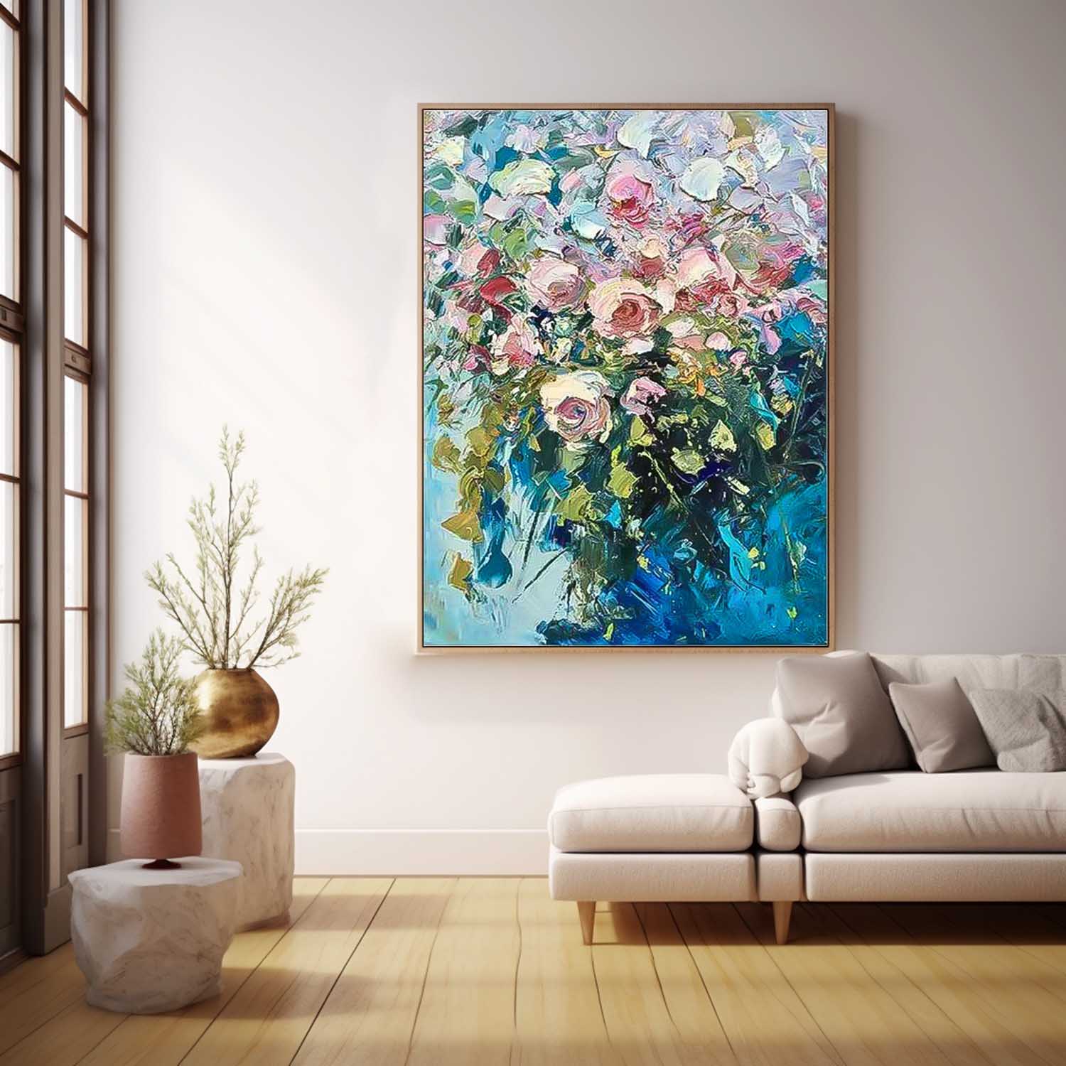 Pink Roses in Blue Vase Impasto Canvas Wall Art