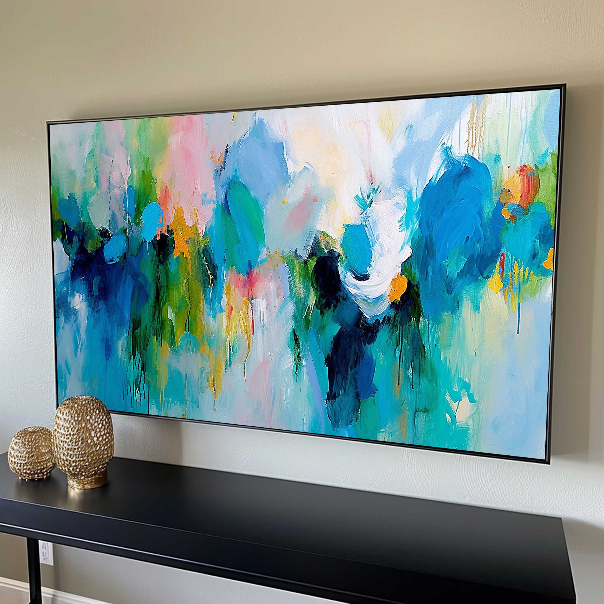 Vibrant Floral Painting Teal & Blue Modern Wall Art