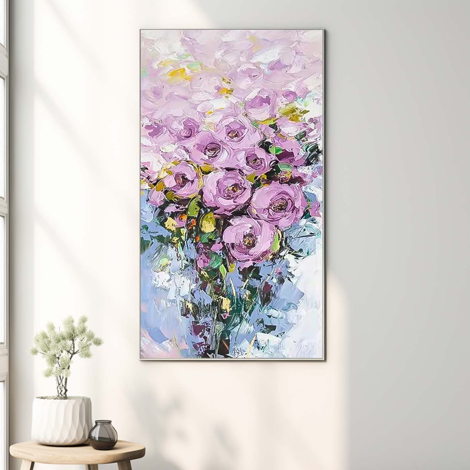Purple Lavender Rose Bouquet Impasto Canvas Wall Art