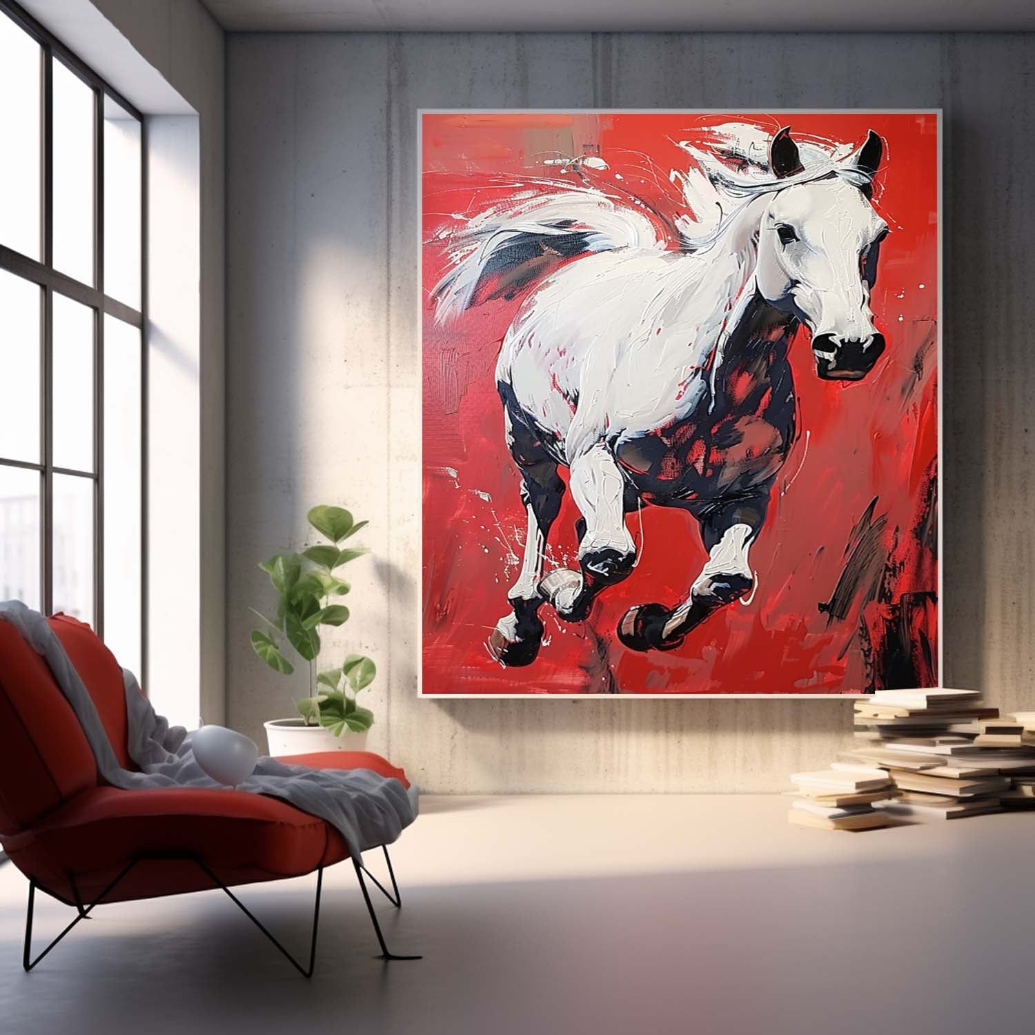 Dynamic White Horse Oil Painting Fiery Red