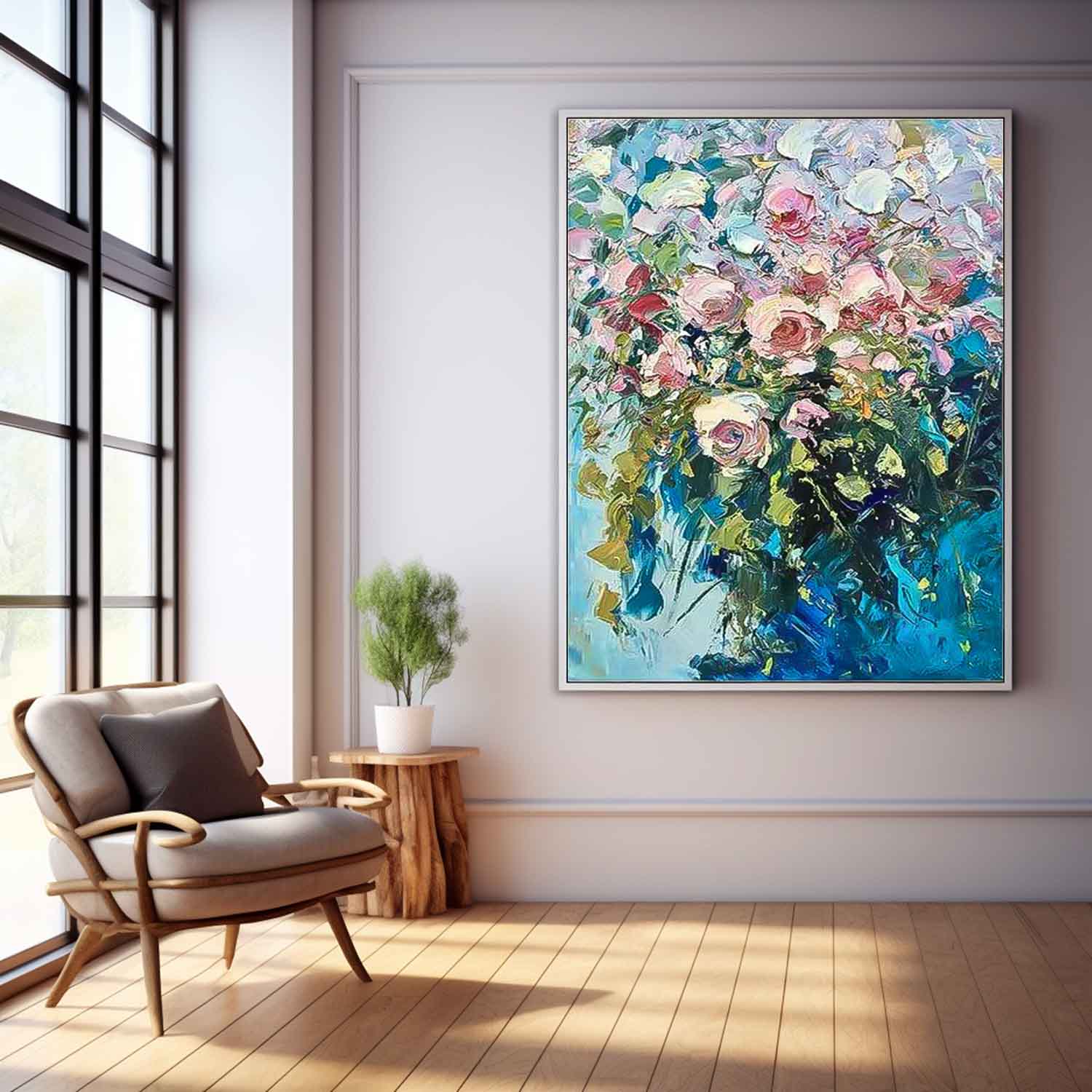 Pink Roses in Blue Vase Impasto Canvas Wall Art
