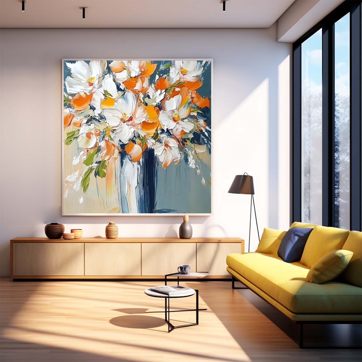 Vibrant Orange White Floral Bouquet Oil Painting