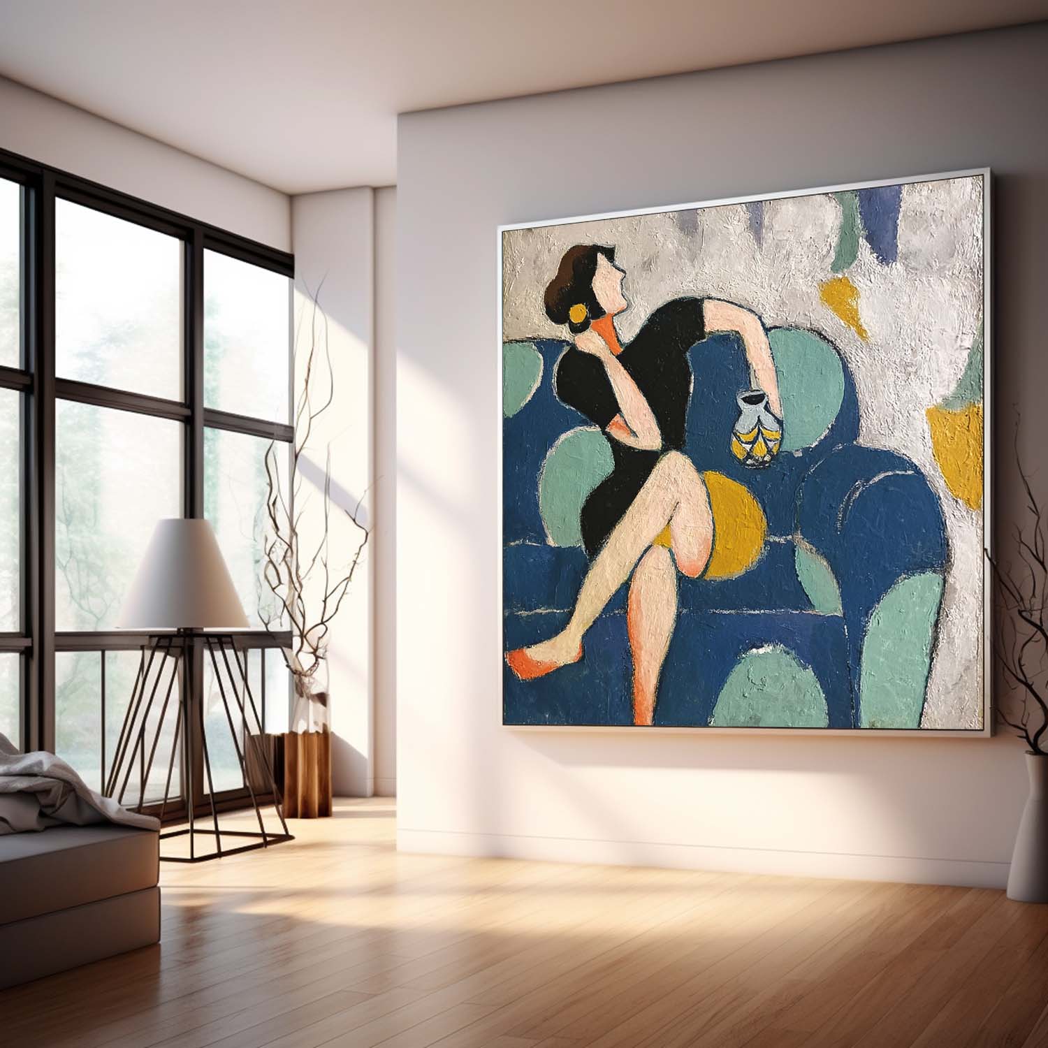 Wall Art Seated Figure Teal Sofa Abstract