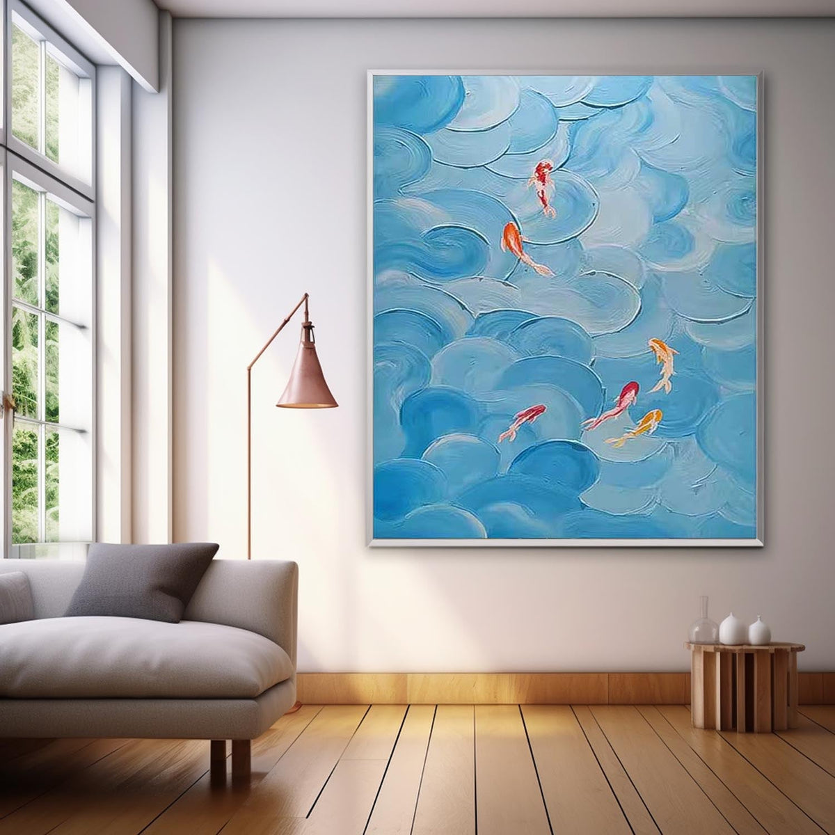Blue Textured Koi Fish Wave Impasto Canvas Wall Art