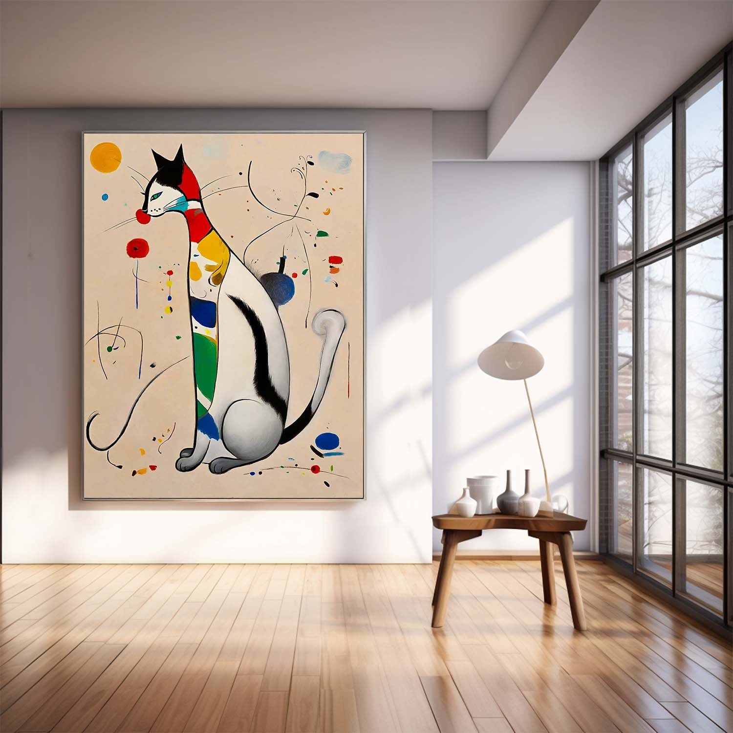 Surrealist Cat Painting Vibrant Rainbow Wall Art