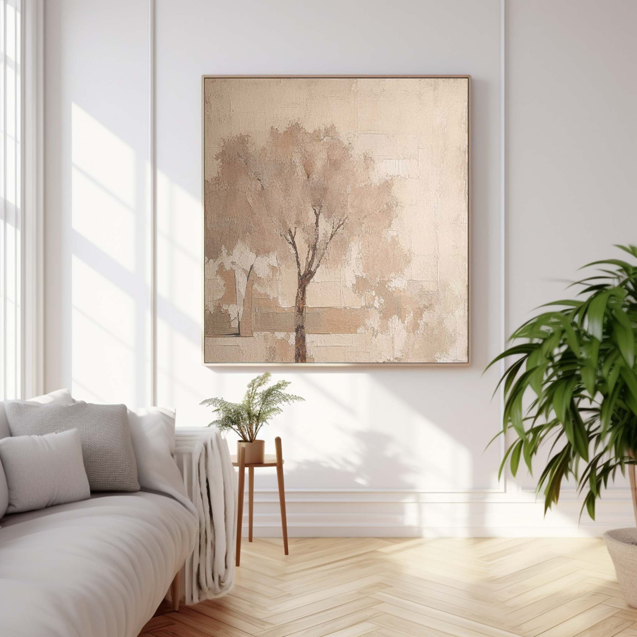 Neutral Beige Tree Abstract Canvas Wall Art