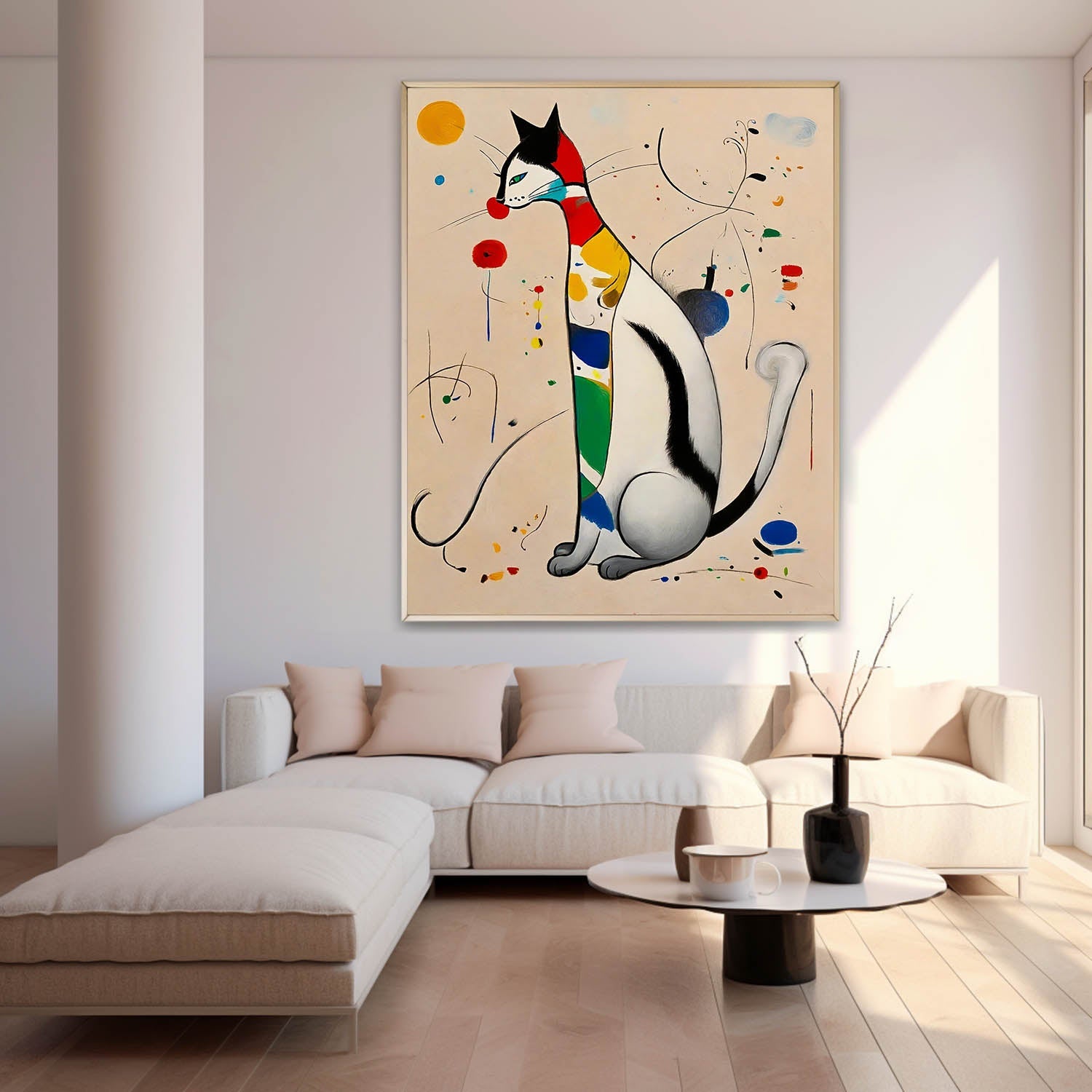 Surrealist Cat Painting Vibrant Rainbow Wall Art