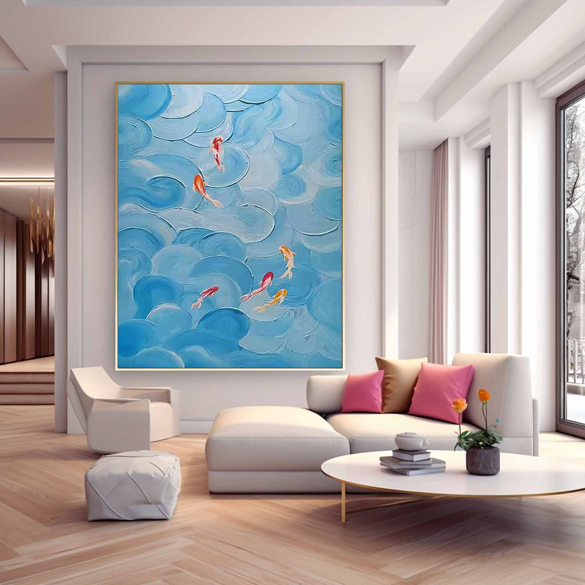 Blue Textured Koi Fish Wave Impasto Canvas Wall Art