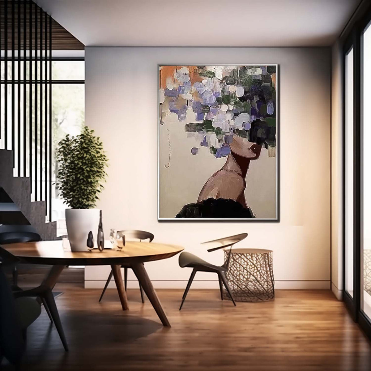 Abstract Woman With Floral Hair Impasto Canvas Wall Art