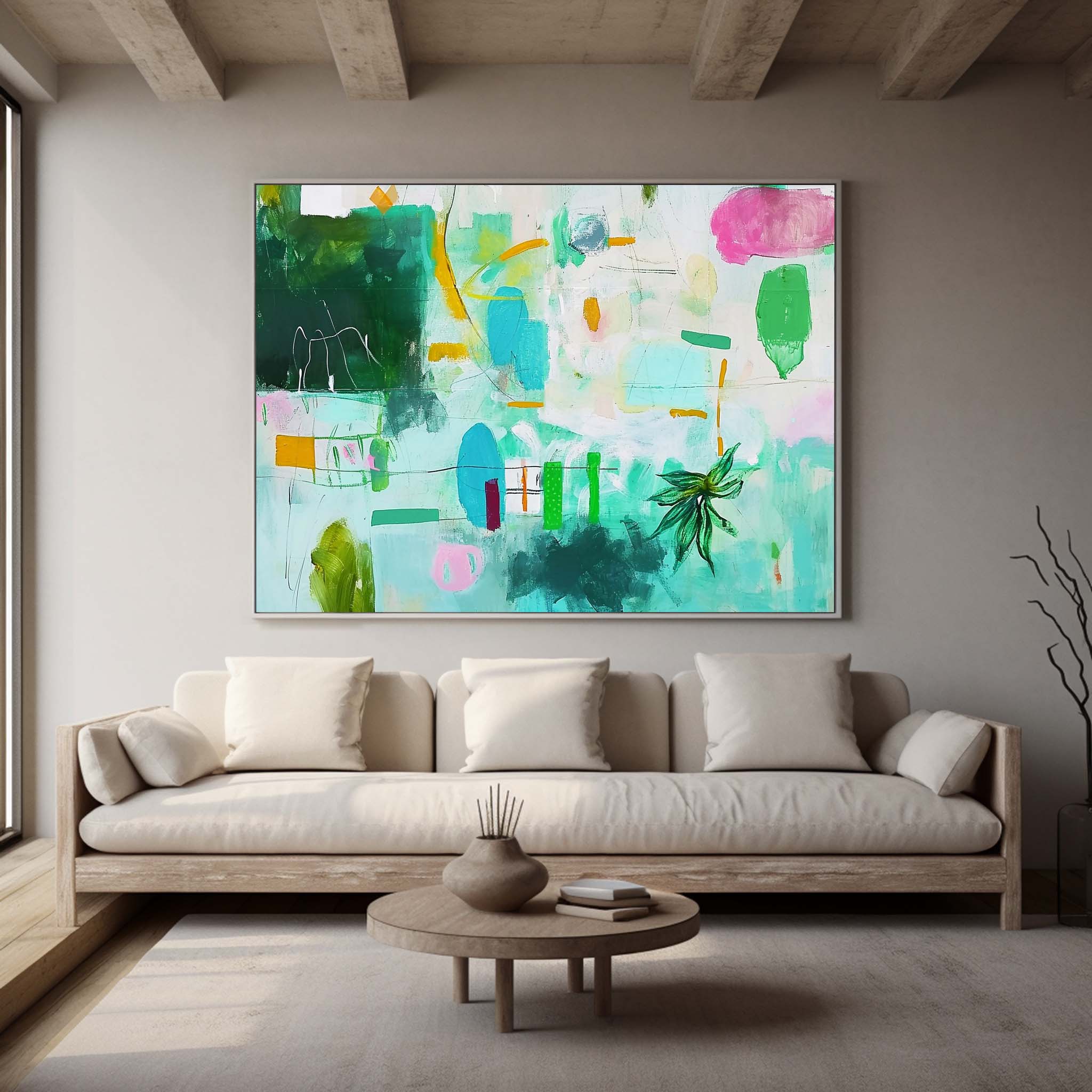 Bohemian Abstract Floral Painting Teal & Green