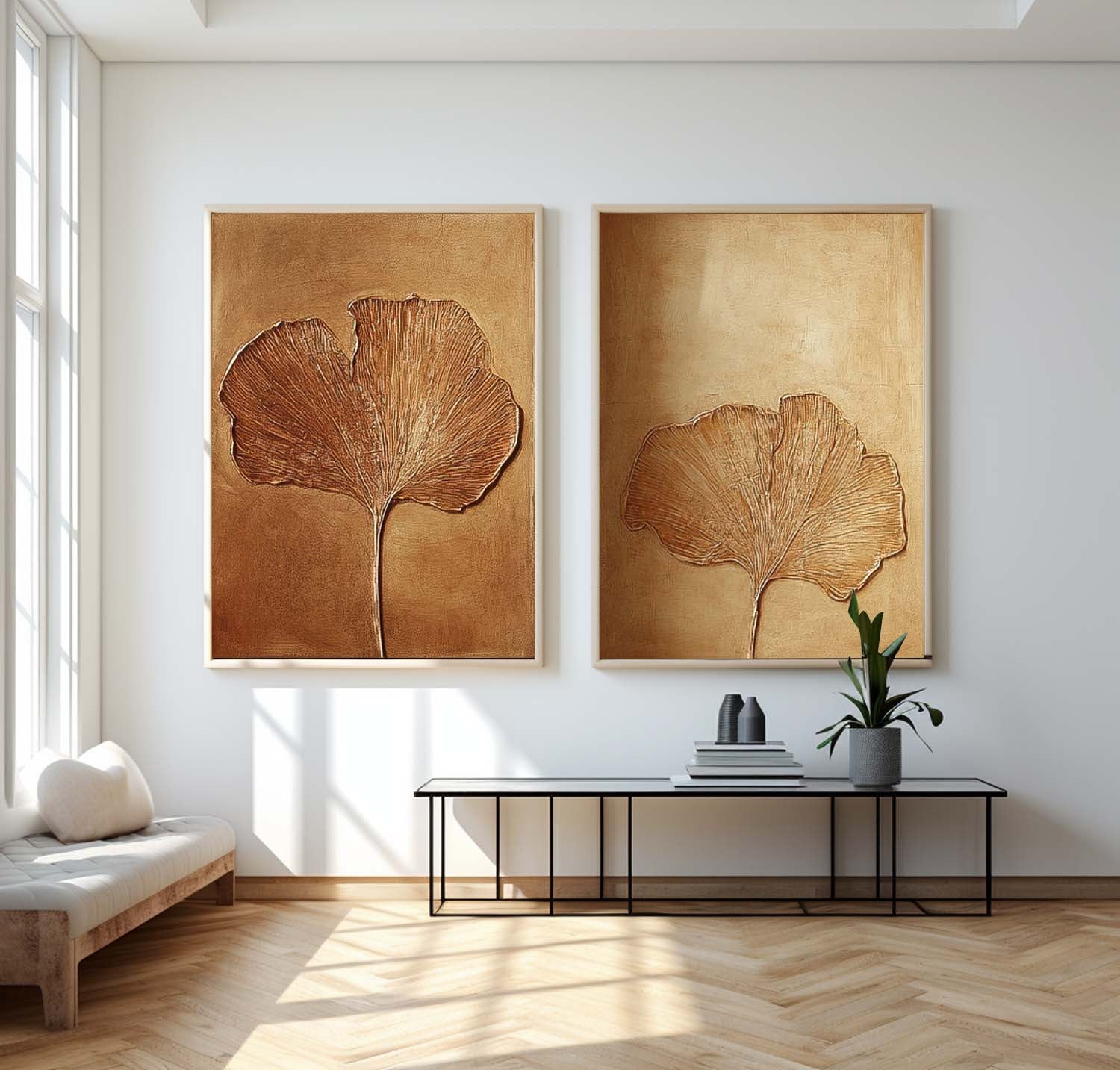 Textured Ginkgo Leaf Diptych Painting Luxurious