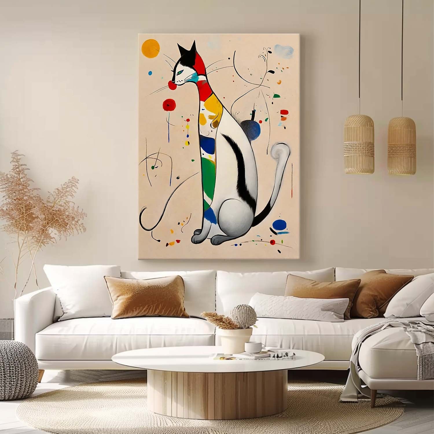 Surrealist Cat Painting Vibrant Rainbow Wall Art
