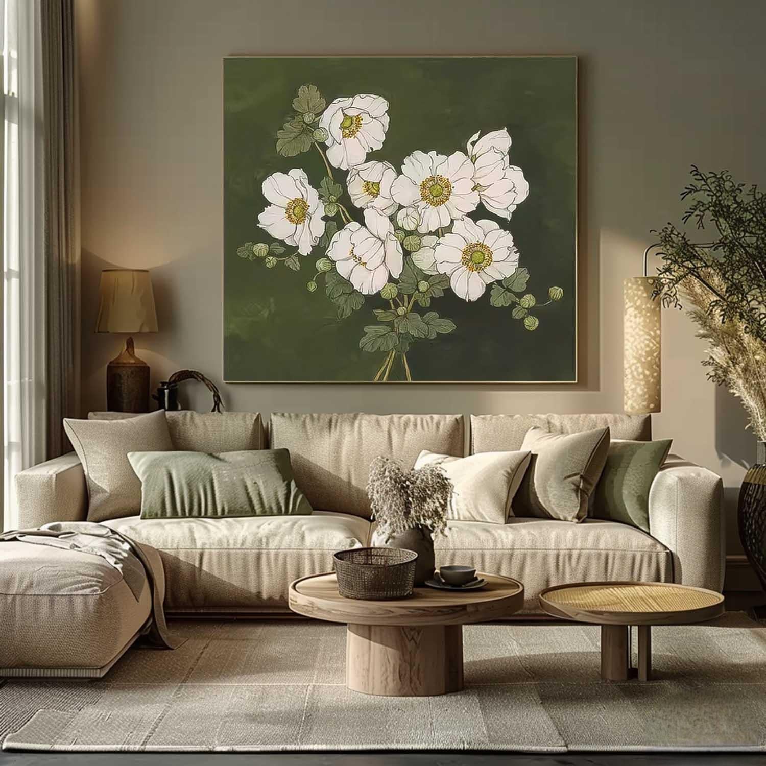 Moody Dark Green White Floral Wall Art