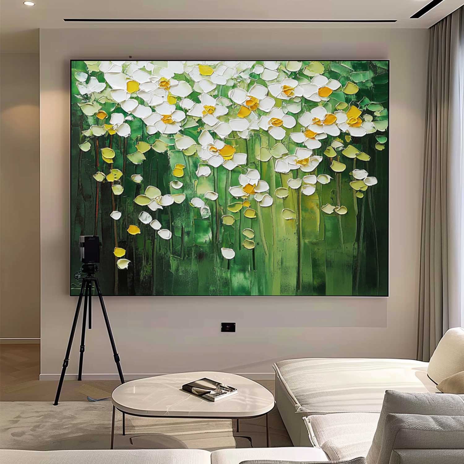 Lush Floral Canopy Oil Painting White Flowers Green