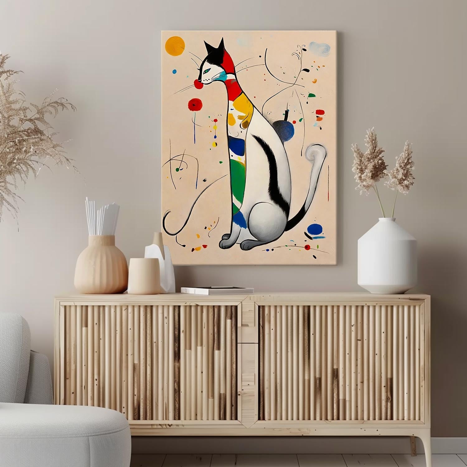 Surrealist Cat Painting Vibrant Rainbow Wall Art