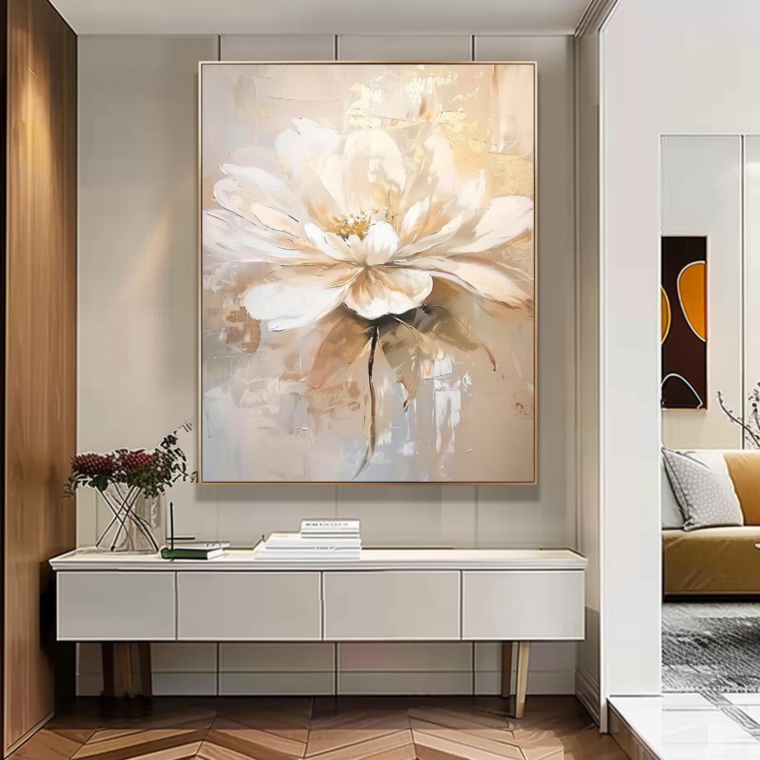 Elegant Neutral Floral Oil Painting Gold Accent