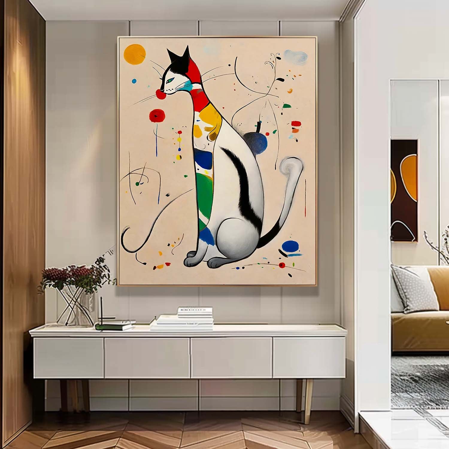Surrealist Cat Painting Vibrant Rainbow Wall Art