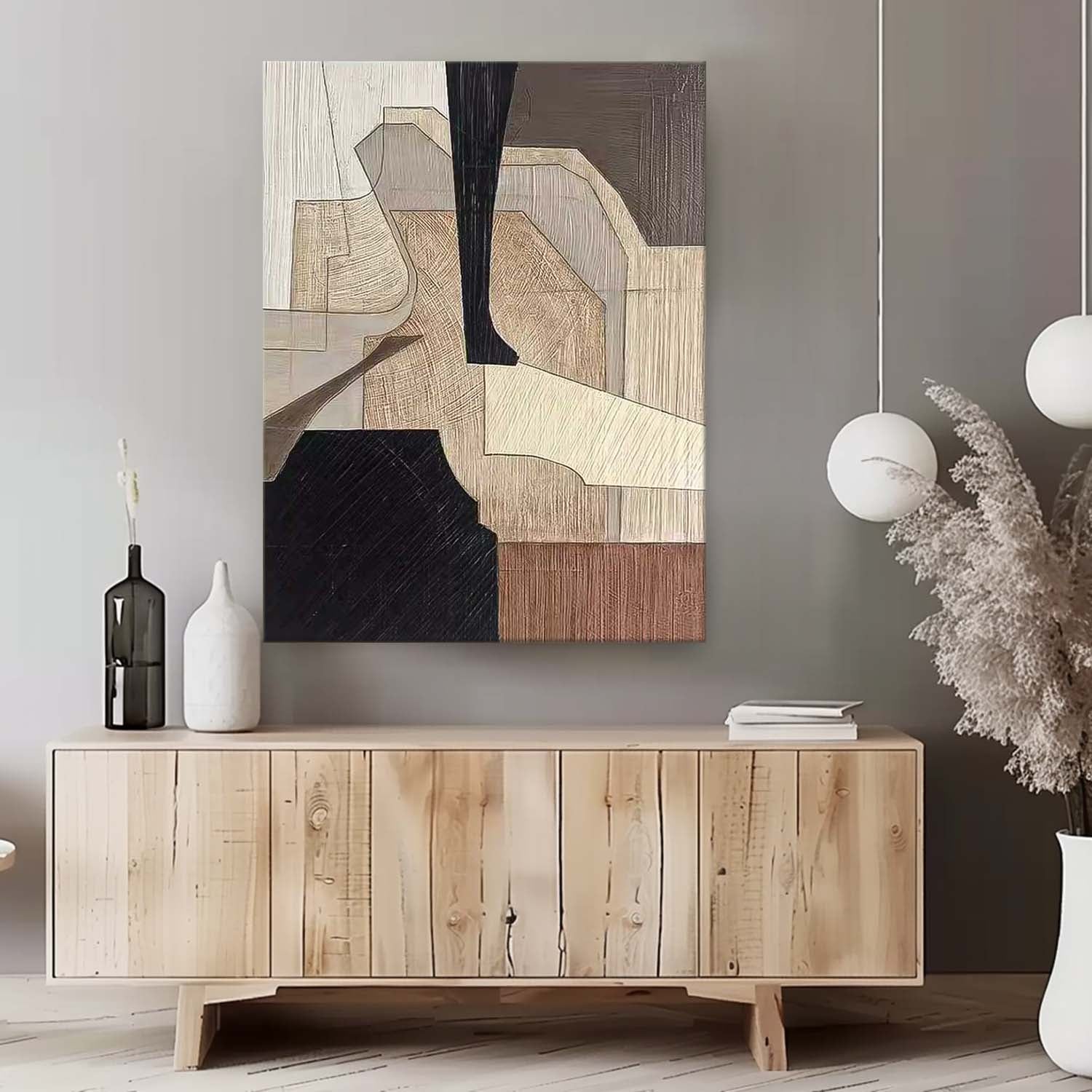 Neutral Brown Cubist Abstract Impasto Canvas Wall