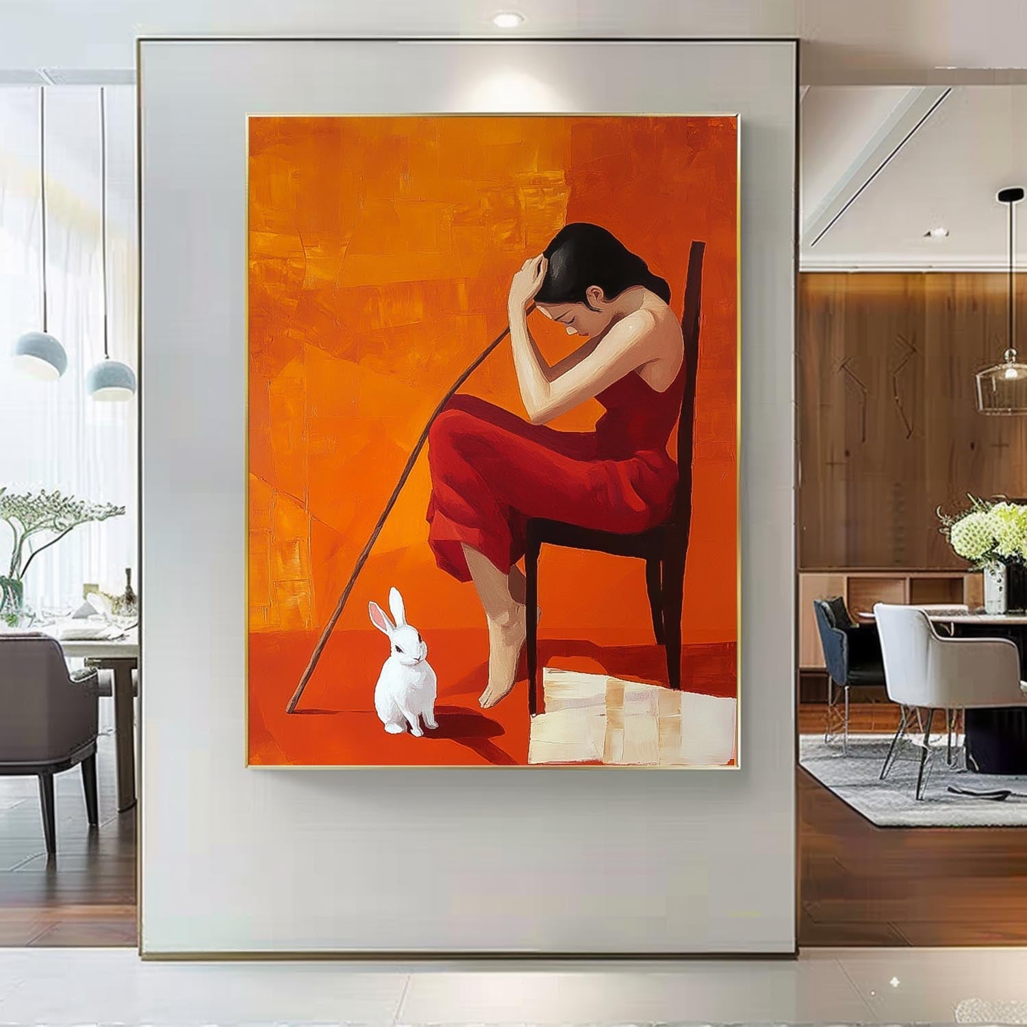 Contemplative Woman Red Dress Rabbit Oil Painting