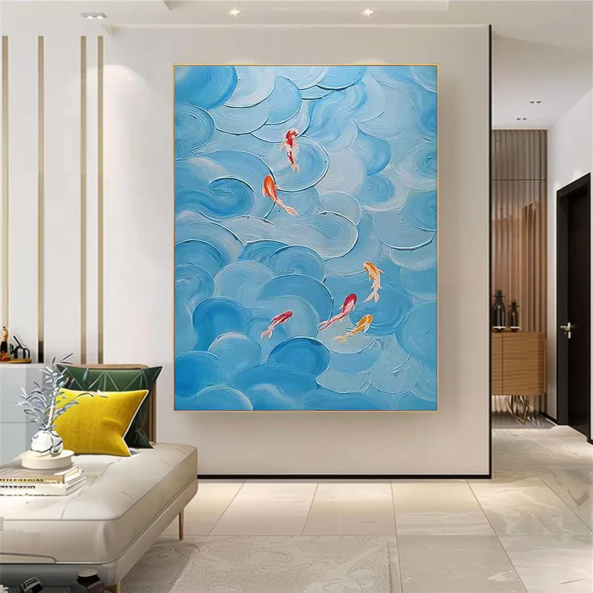 Blue Textured Koi Fish Wave Impasto Canvas Wall Art
