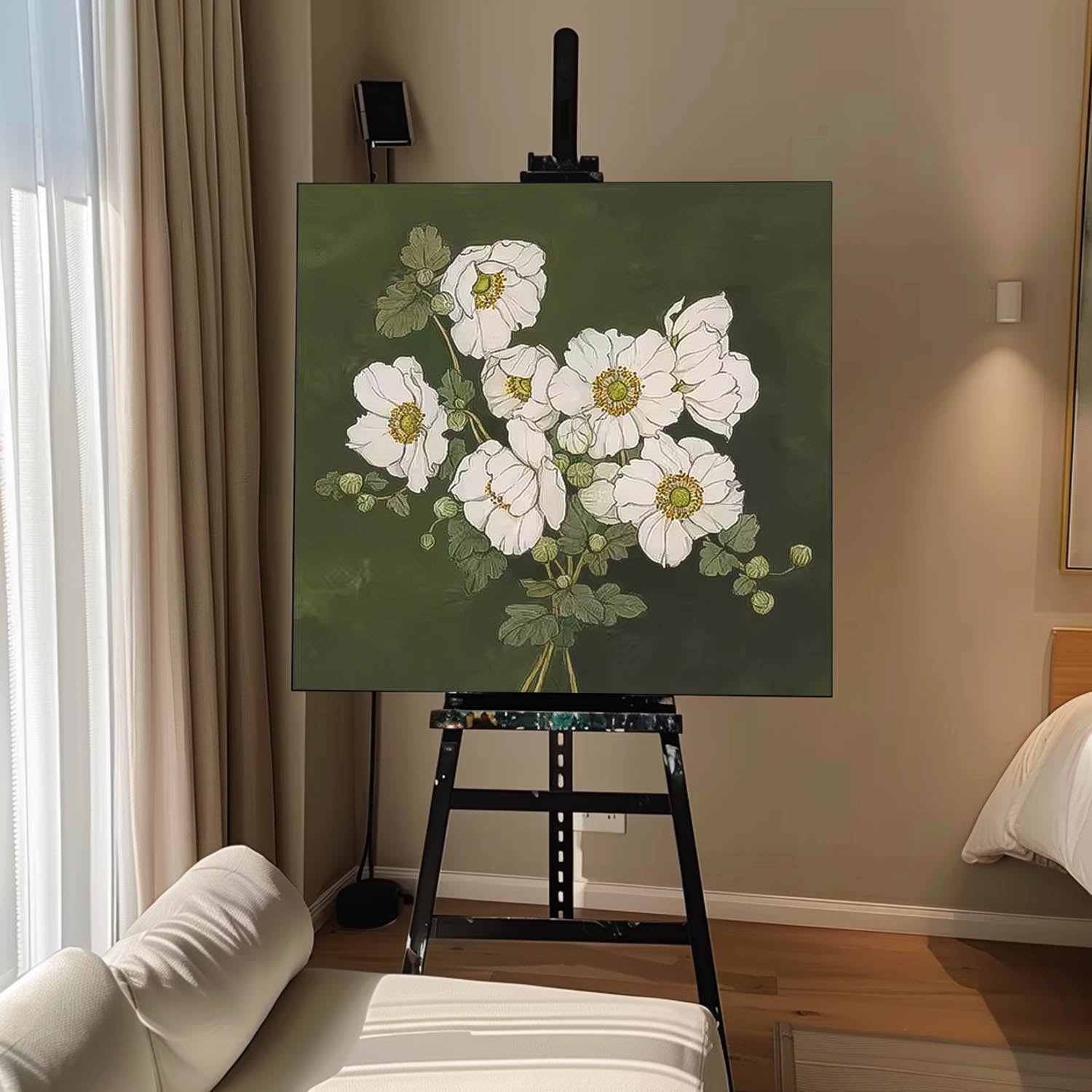 Moody Dark Green White Floral Wall Art