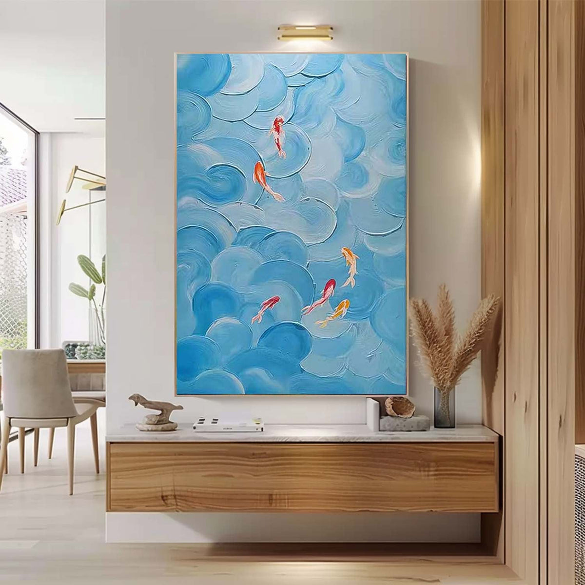 Blue Textured Koi Fish Wave Impasto Canvas Wall Art