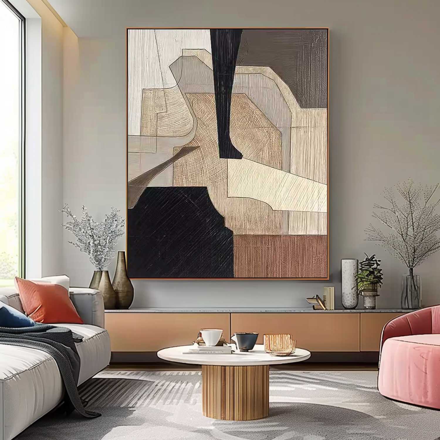 Neutral Brown Cubist Abstract Impasto Canvas Wall